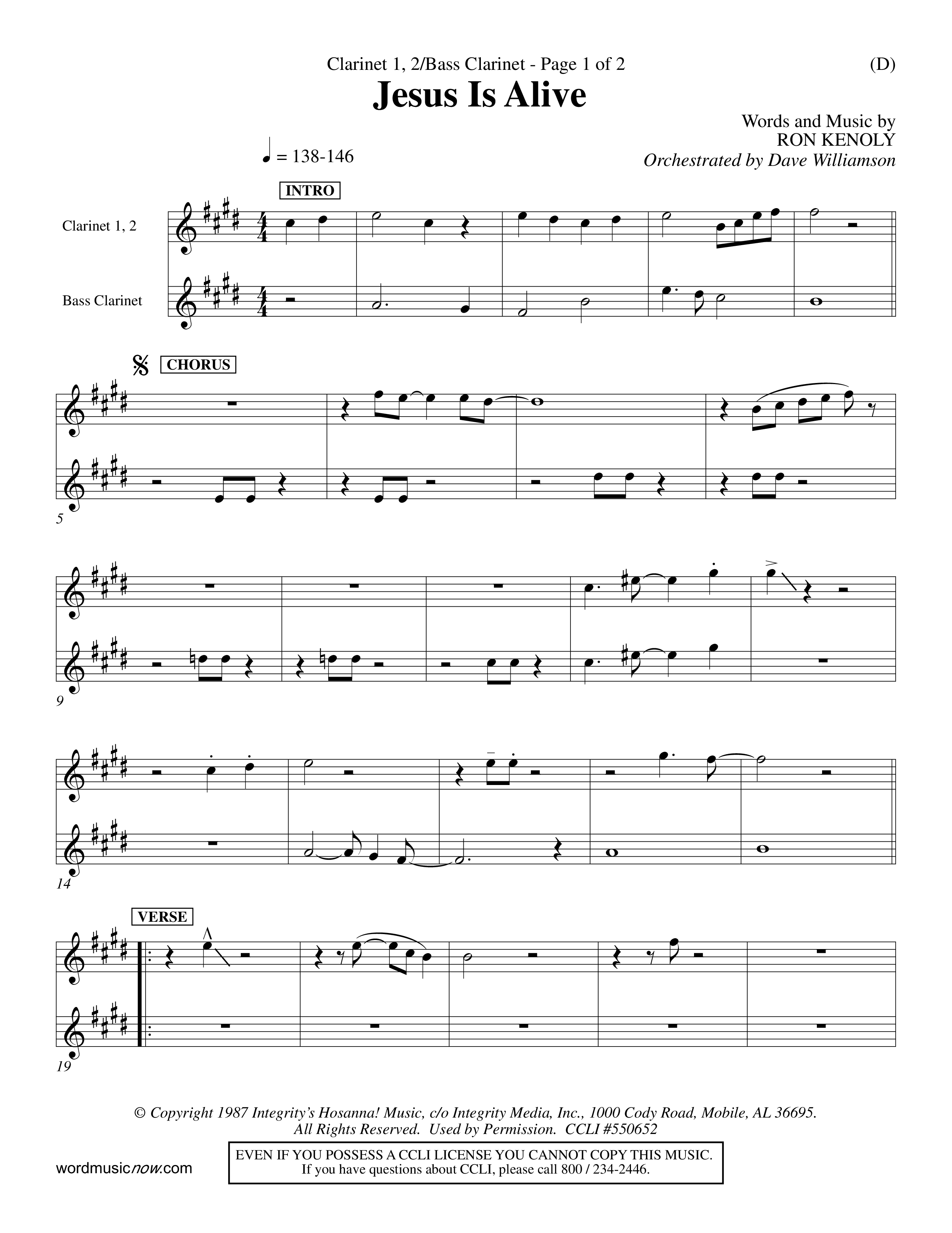 Jesus Is Alive (Choral Anthem SATB) Clarinet 1/2, Bass Clarinet (Word Music Choral / Orch. Dave Williamson)