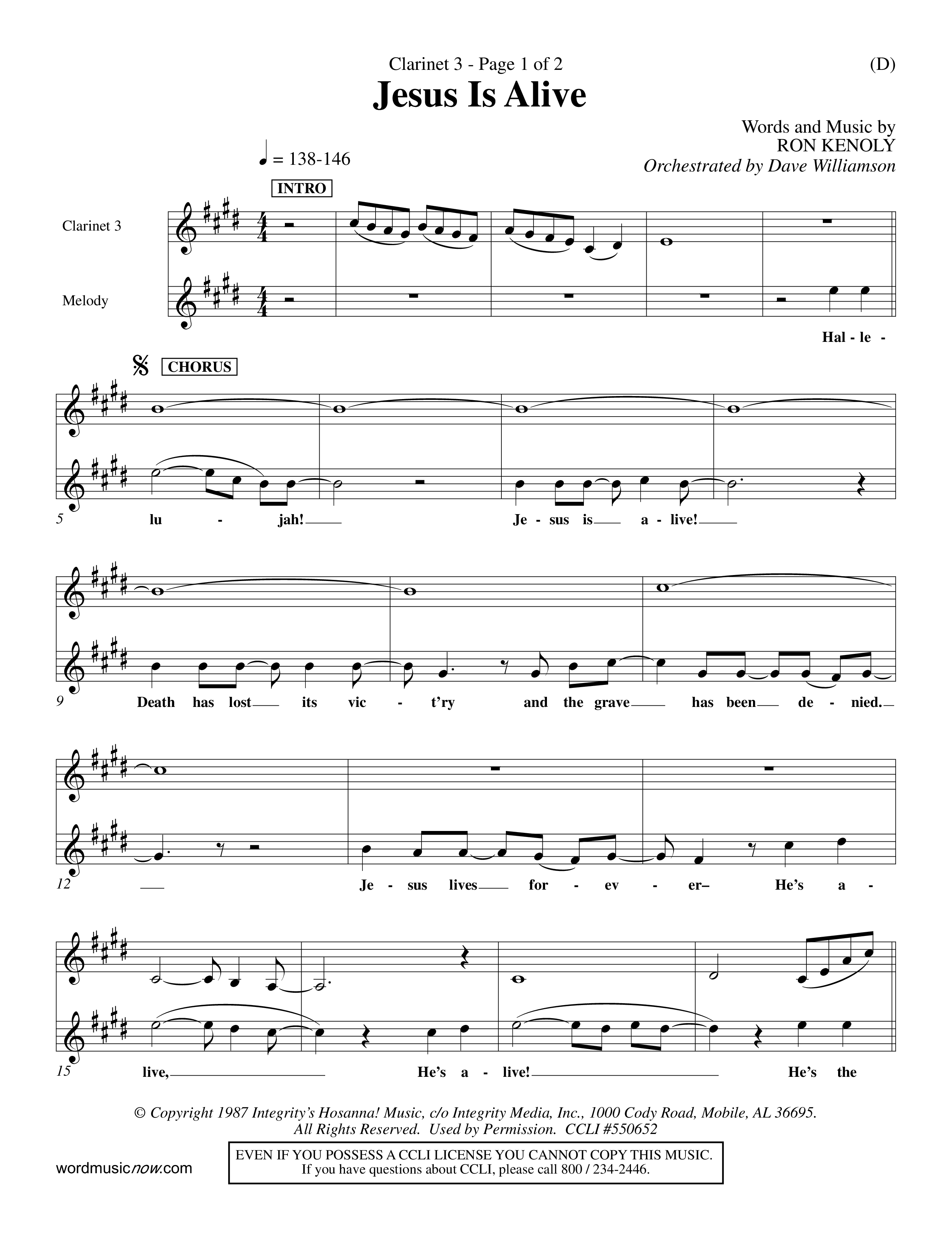 Jesus Is Alive (Choral Anthem SATB) Clarinet 3 (Word Music Choral / Orch. Dave Williamson)