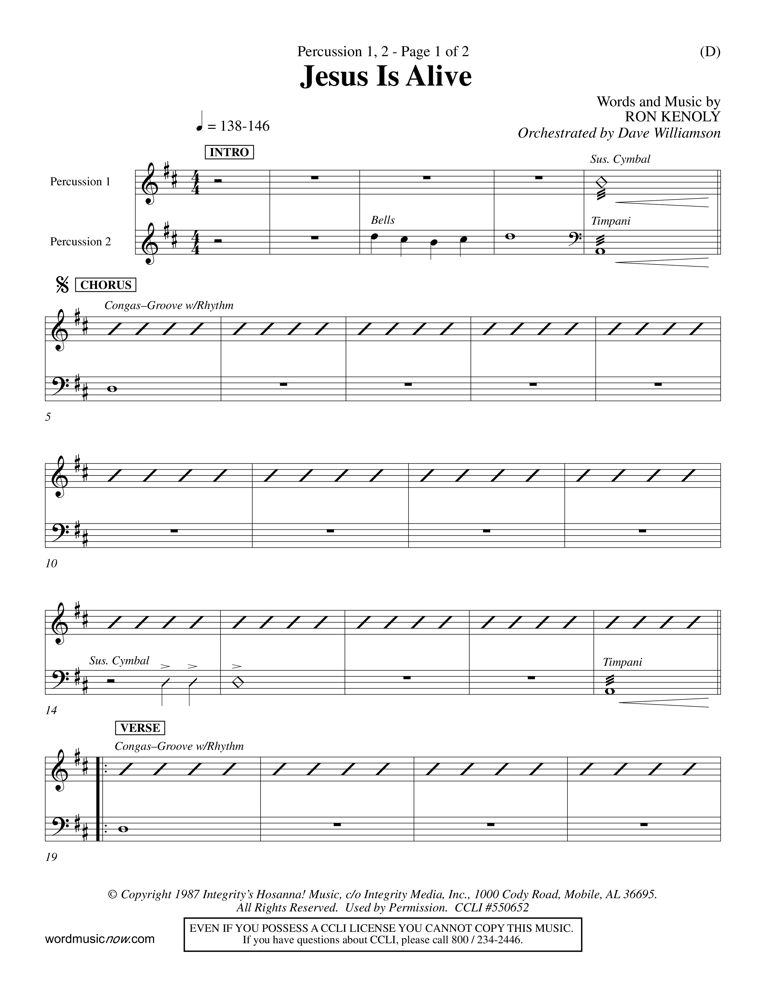 Jesus Is Alive (Choral Anthem SATB) Percussion 1/2 (Word Music Choral / Orch. Dave Williamson)