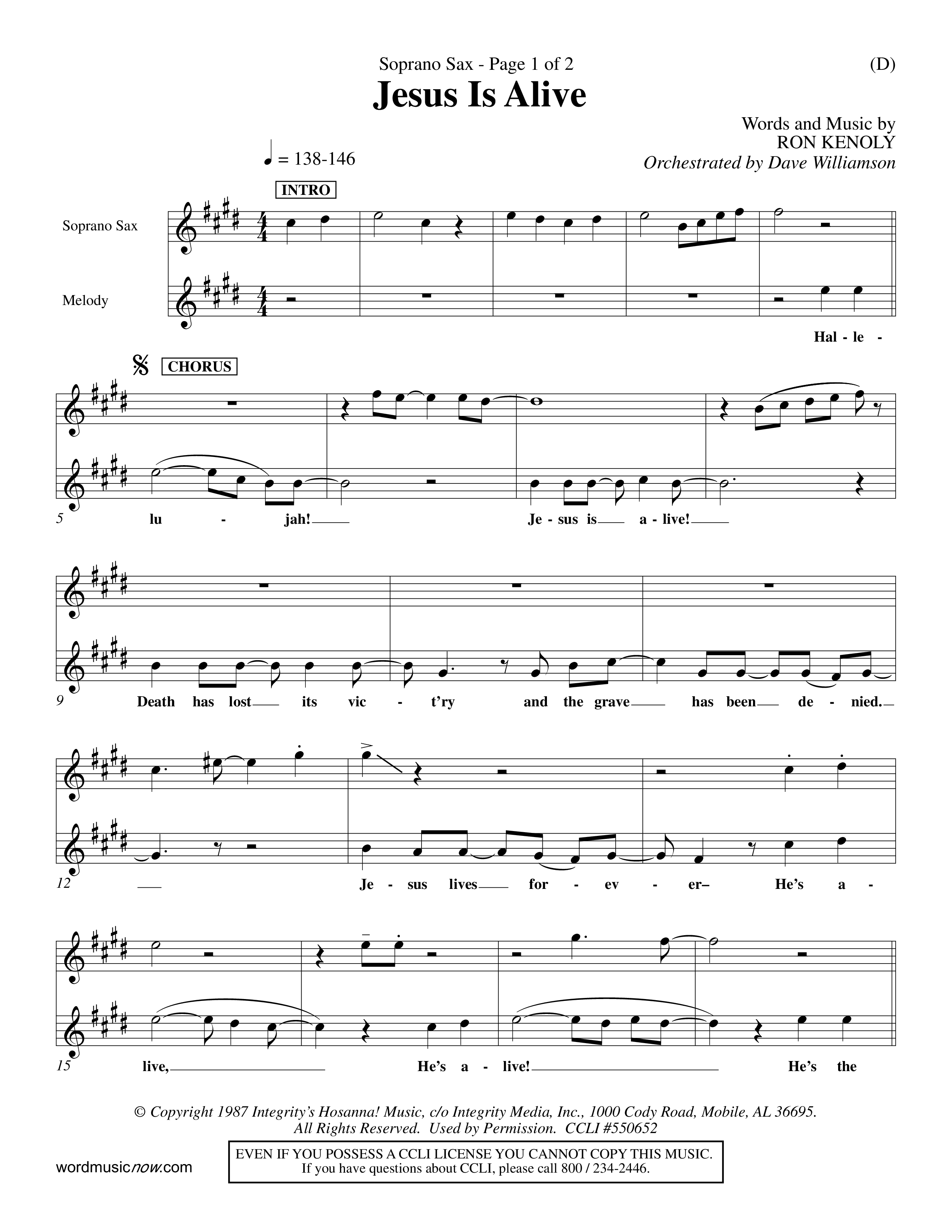 Jesus Is Alive (Choral Anthem SATB) Saxophone (Word Music Choral / Orch. Dave Williamson)