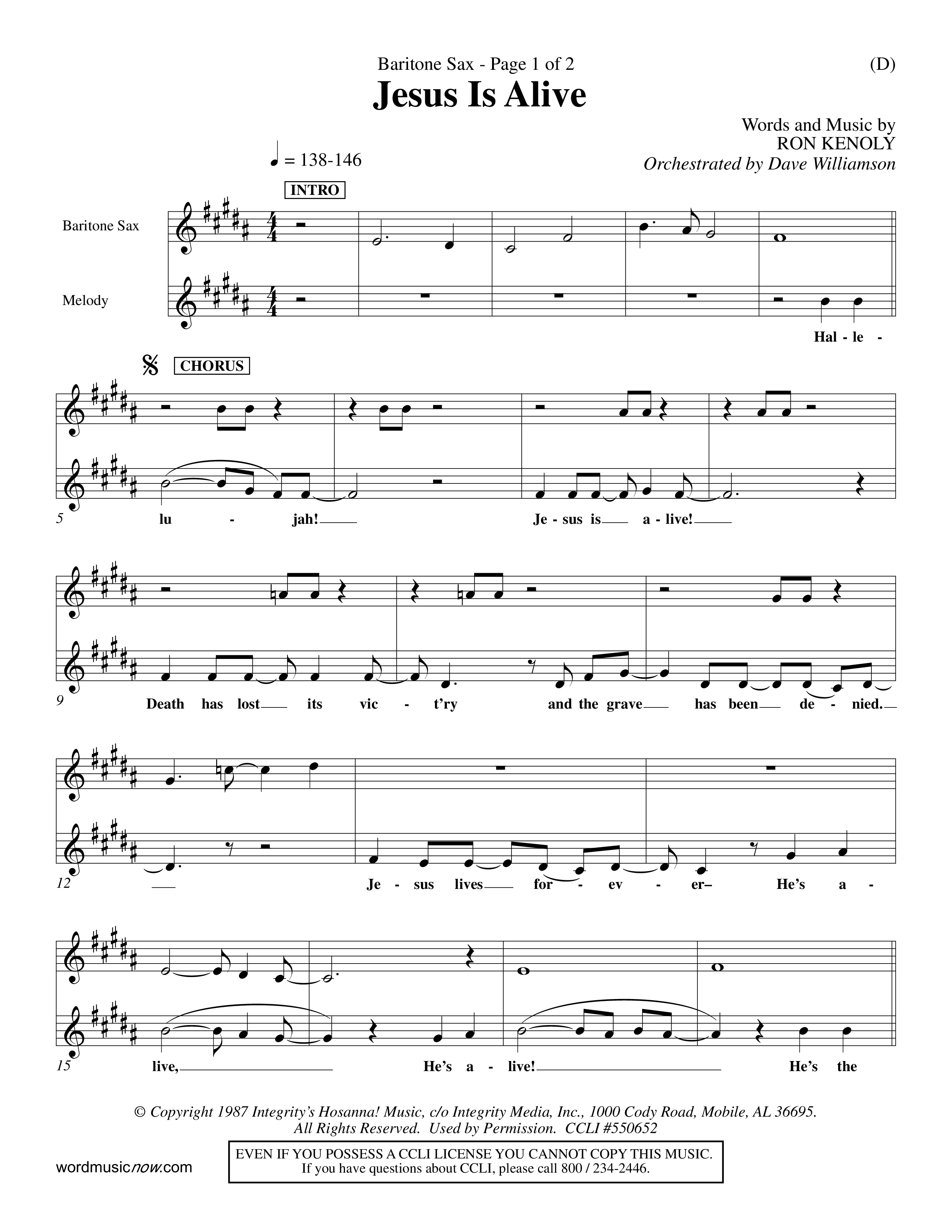 Jesus Is Alive (Choral Anthem SATB) Saxophone (Word Music Choral / Orch. Dave Williamson)