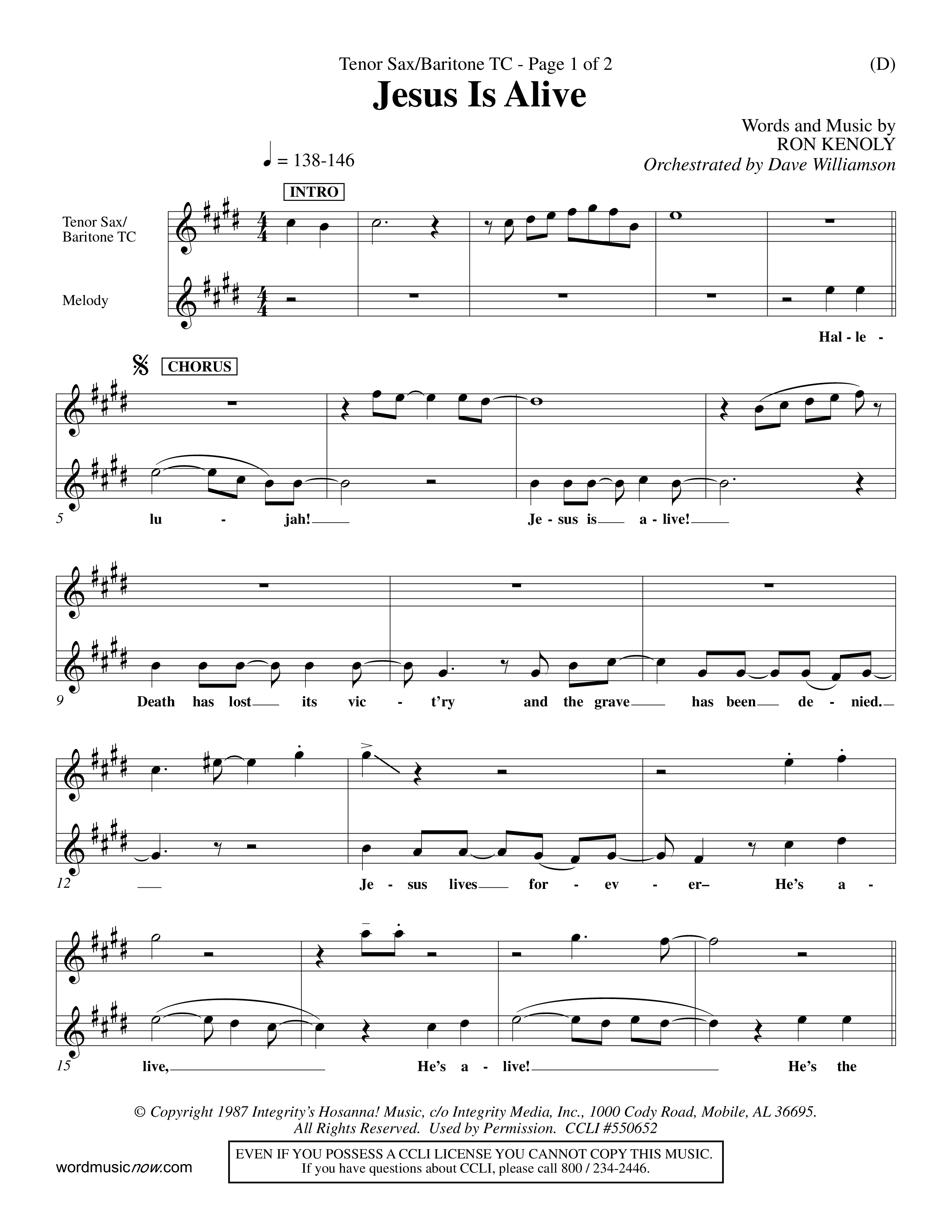 Jesus Is Alive (Choral Anthem SATB) Tenor Sax/Baritone T.C. (Word Music Choral / Orch. Dave Williamson)