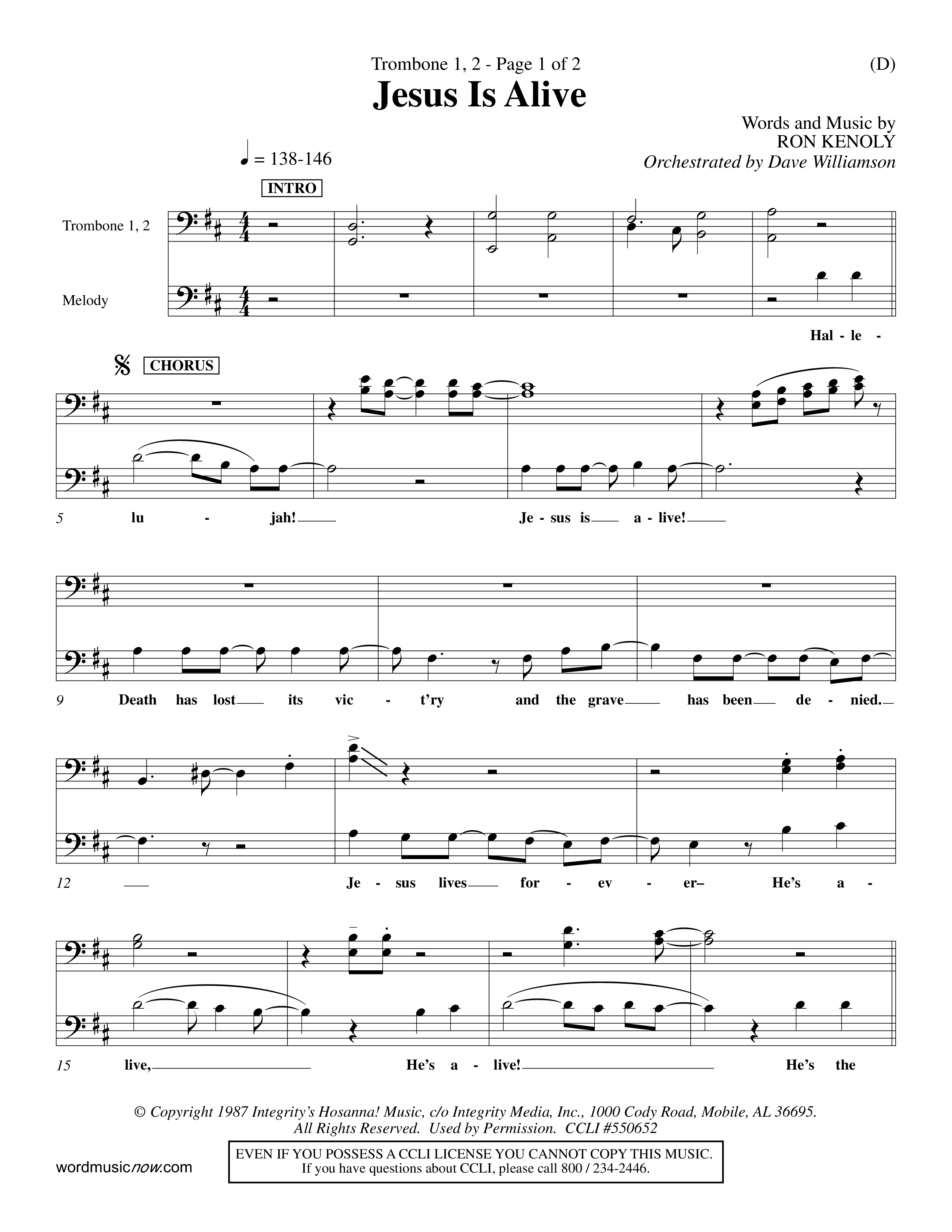 Jesus Is Alive (Choral Anthem SATB) Trombone 1/2 (Word Music Choral / Orch. Dave Williamson)