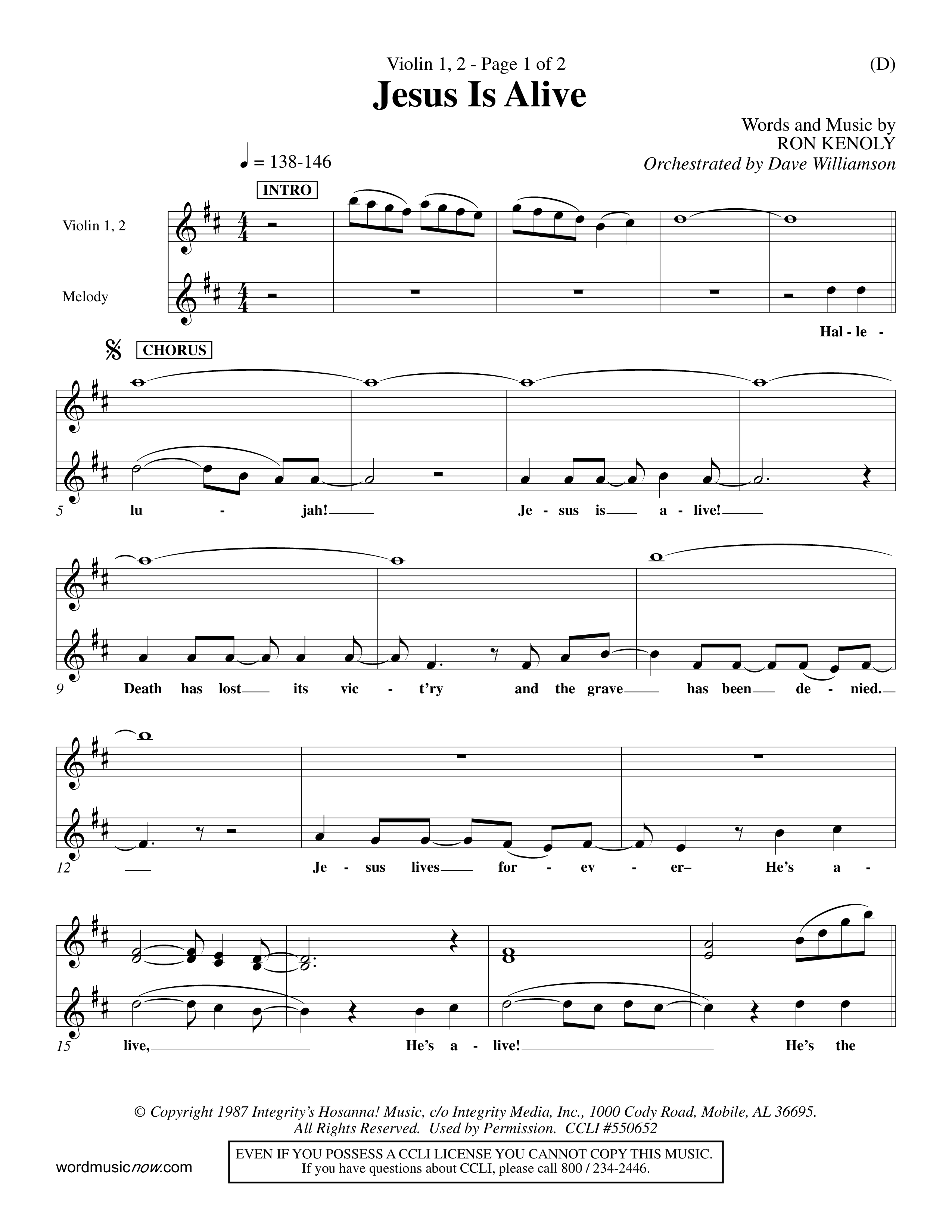 Jesus Is Alive (Choral Anthem SATB) Violin 1/2 (Word Music Choral / Orch. Dave Williamson)