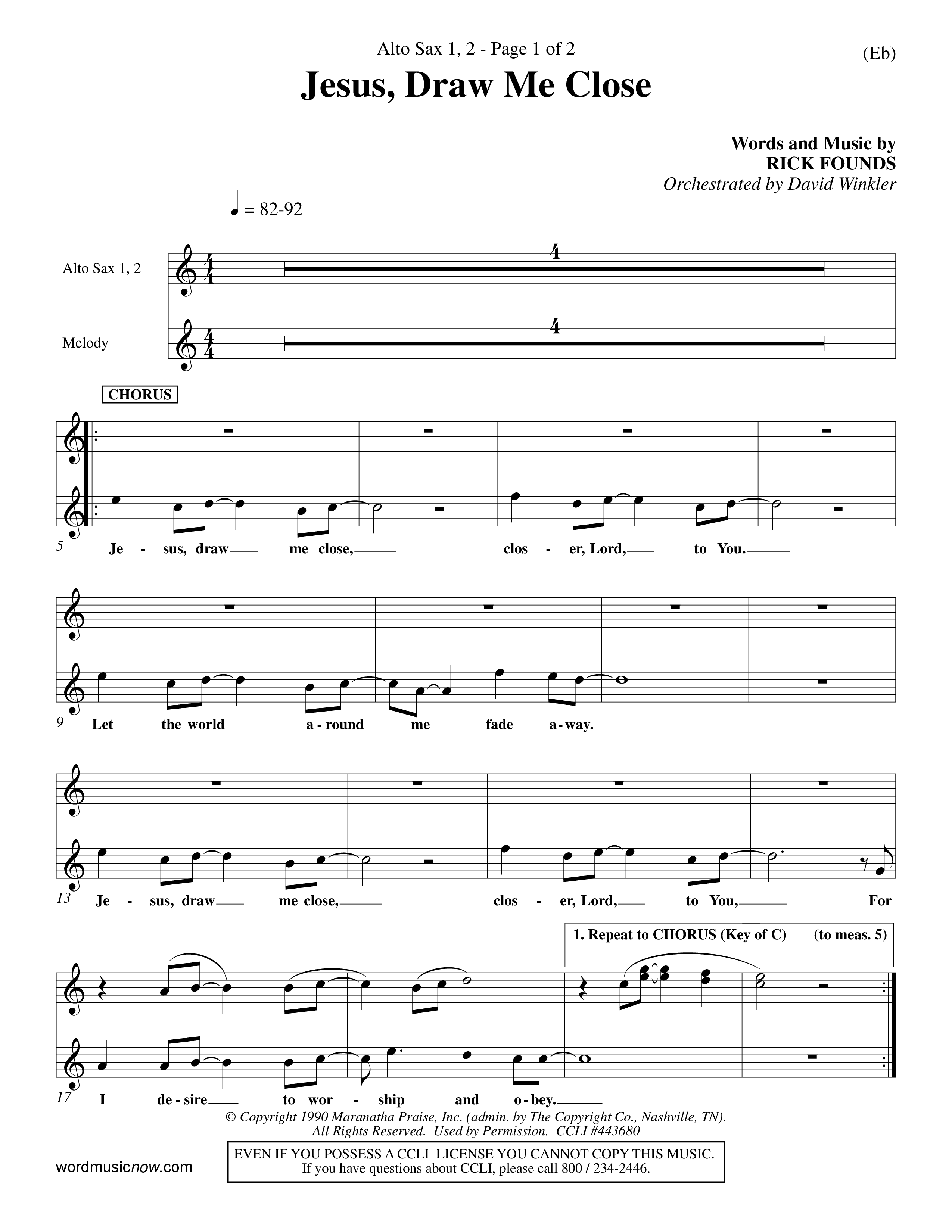 Jesus Draw Me Close (Choral Anthem SATB) Alto Sax 1/2 (Word Music Choral / Orch. David Winkler)
