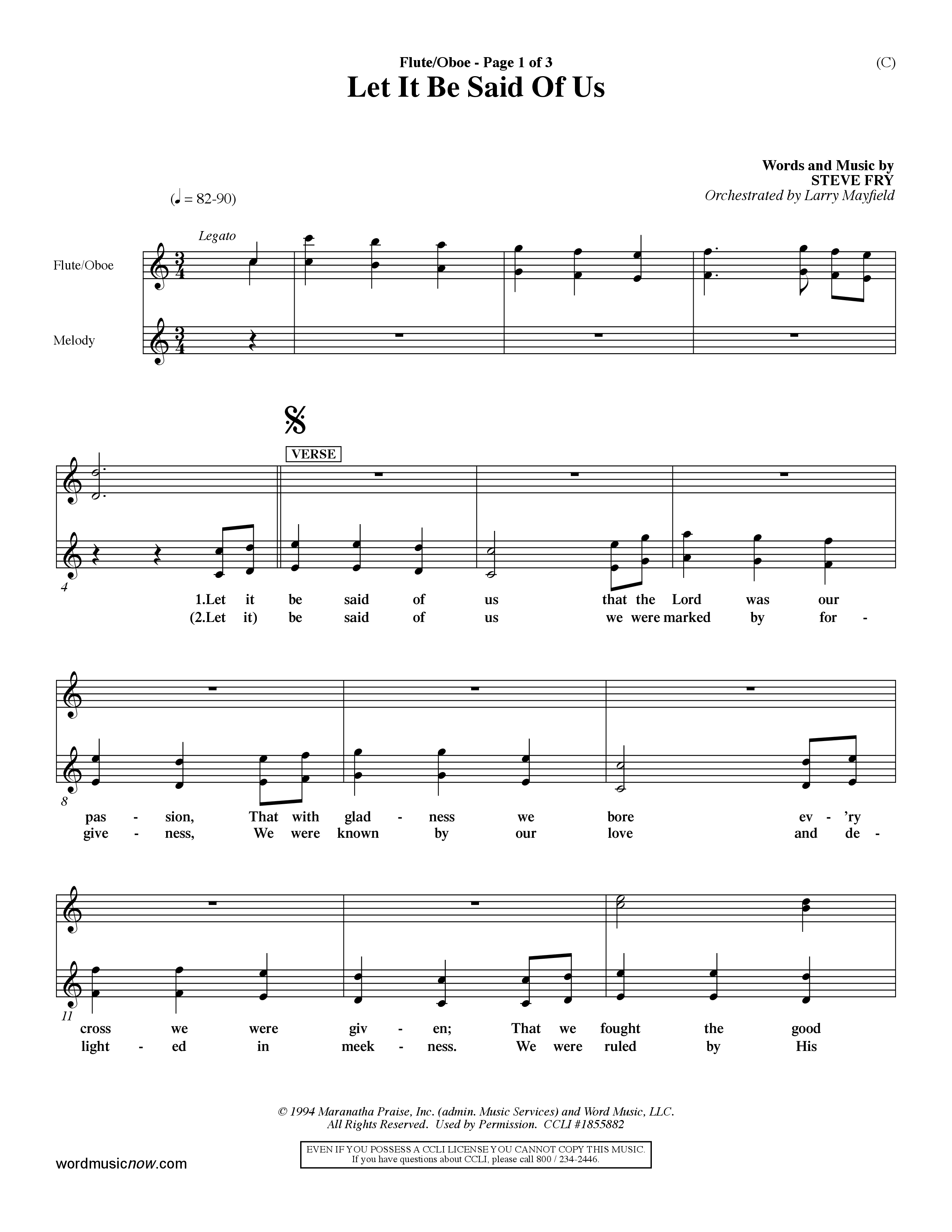 Let It Be Said Of Us (Choral Anthem SATB) Flute/Oboe (Word Music Choral / Orch. Larry Mayfield)