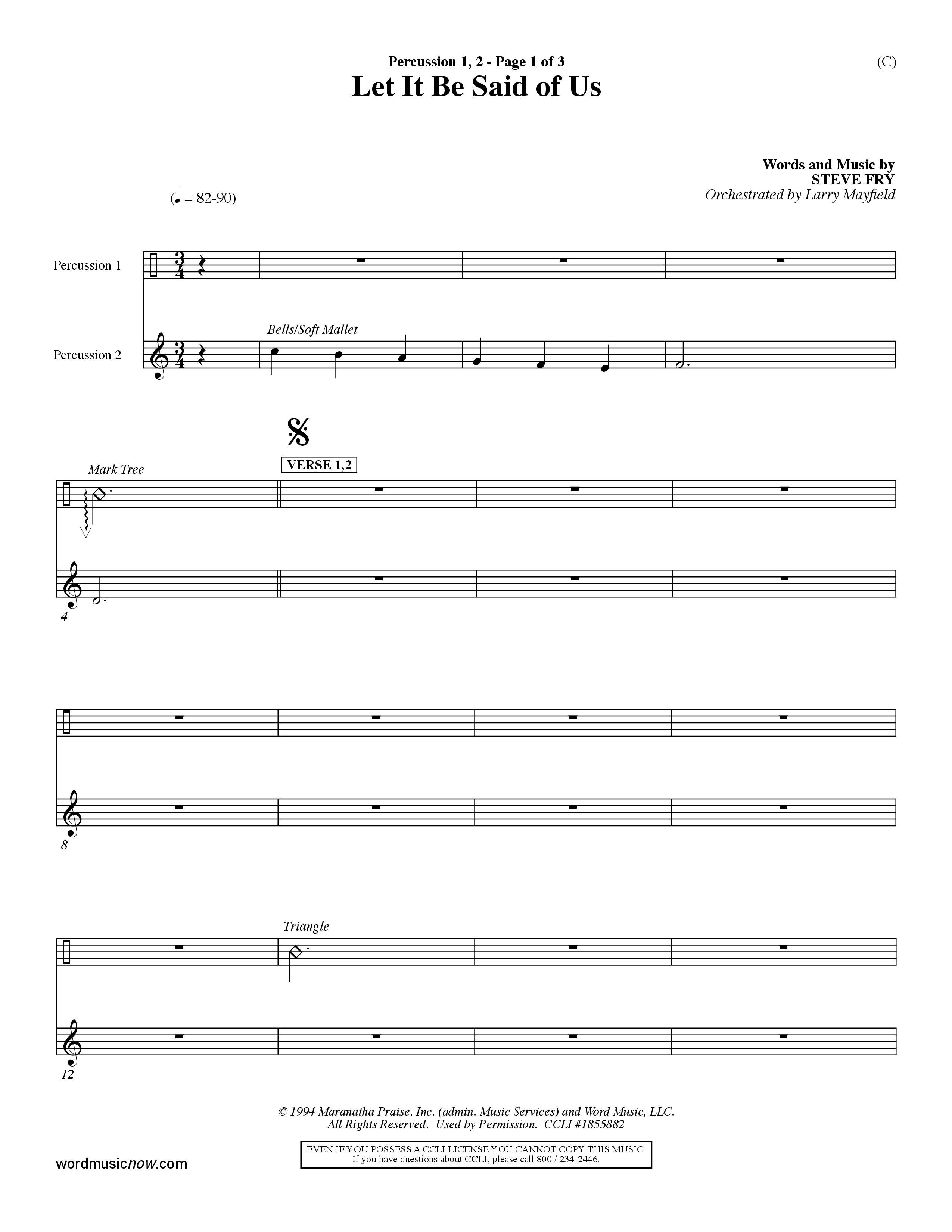 Let It Be Said Of Us (Choral Anthem SATB) Percussion 1/2 (Word Music Choral / Orch. Larry Mayfield)