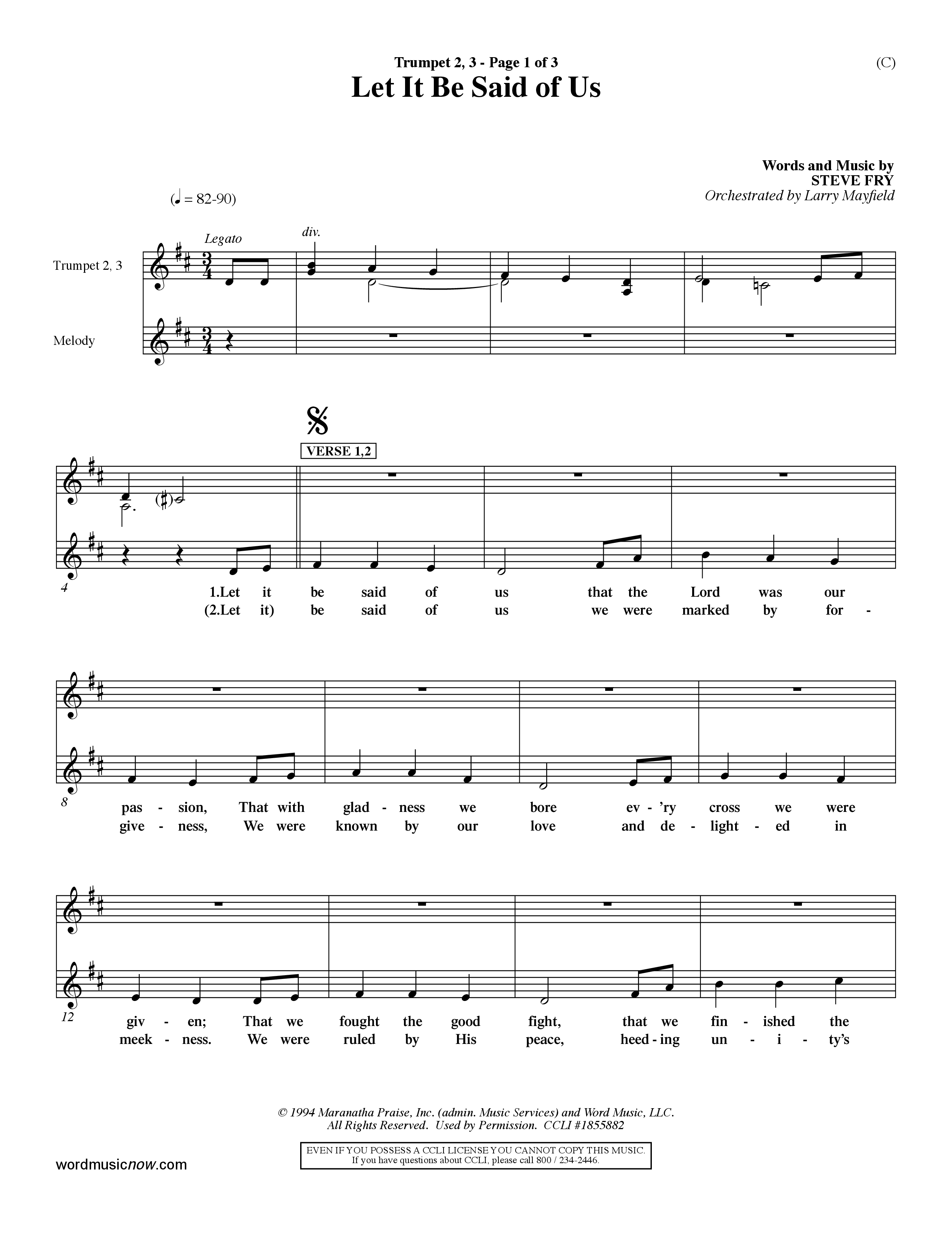 Let It Be Said Of Us (Choral Anthem SATB) Trumpet 2/3 (Word Music Choral / Orch. Larry Mayfield)