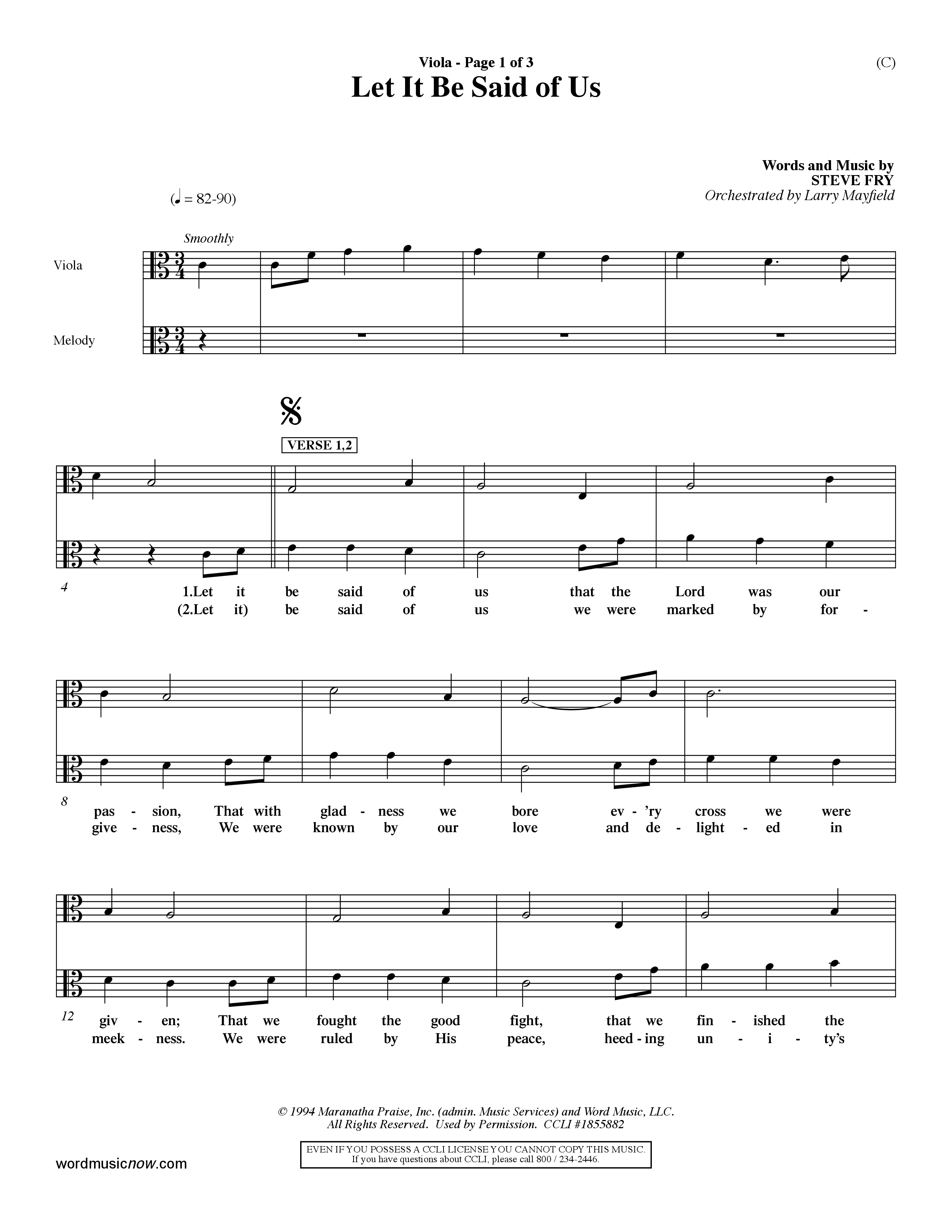 Let It Be Said Of Us (Choral Anthem SATB) Viola (Word Music Choral / Orch. Larry Mayfield)