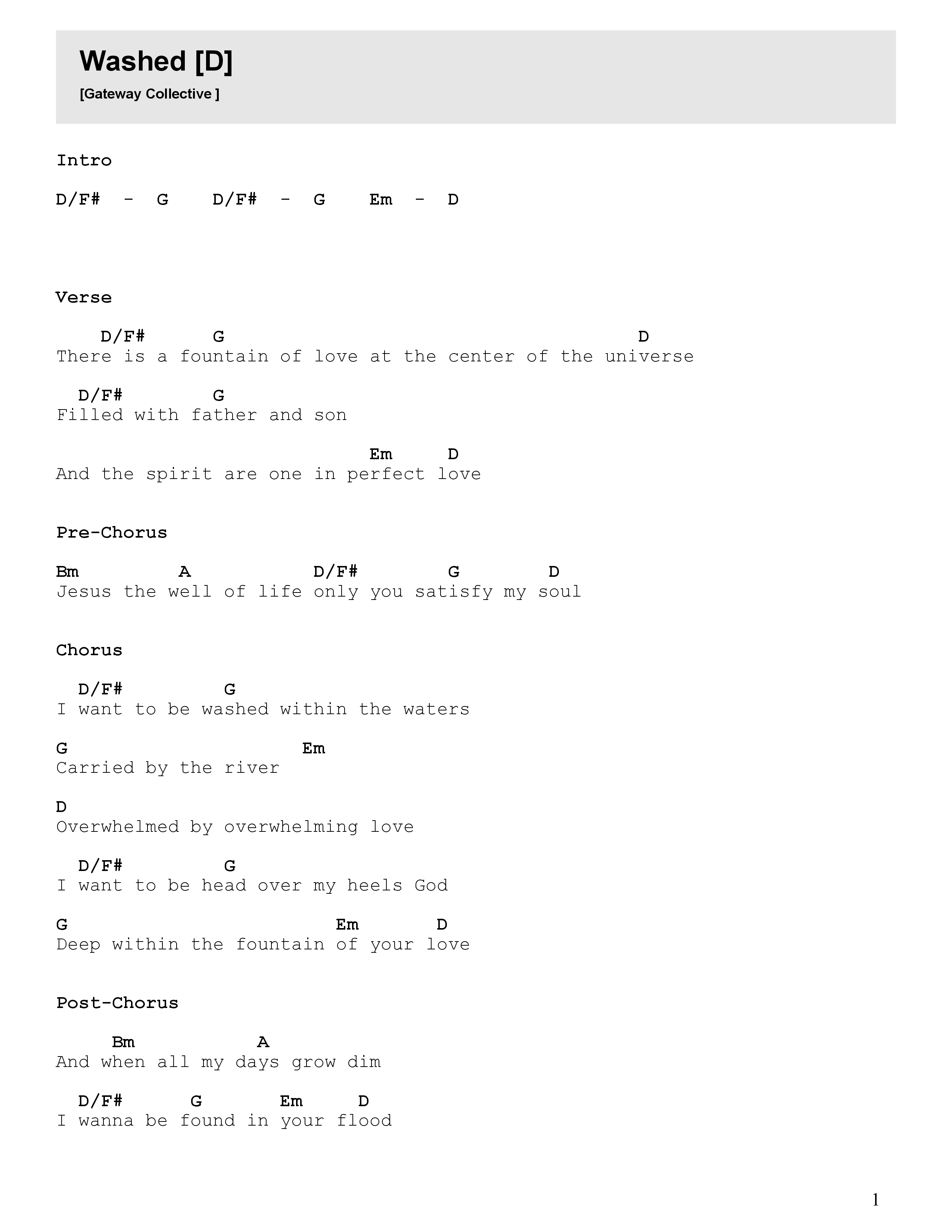 Washed Chord Chart (Newlands Worship / Leeland)