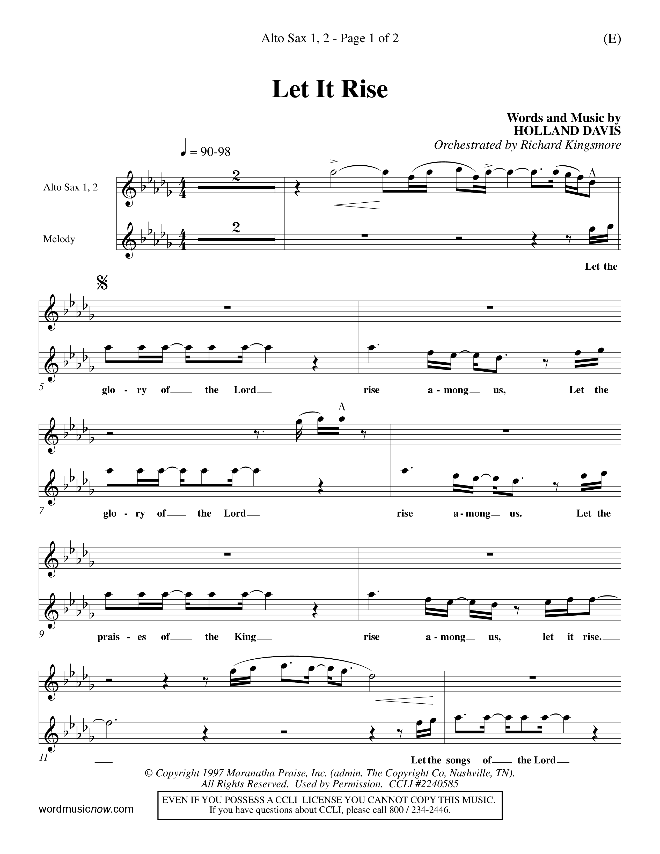 Let It Rise (Choral Anthem SATB) Alto Sax 1/2 (Word Music Choral / Orch. Richard Kingsmore)