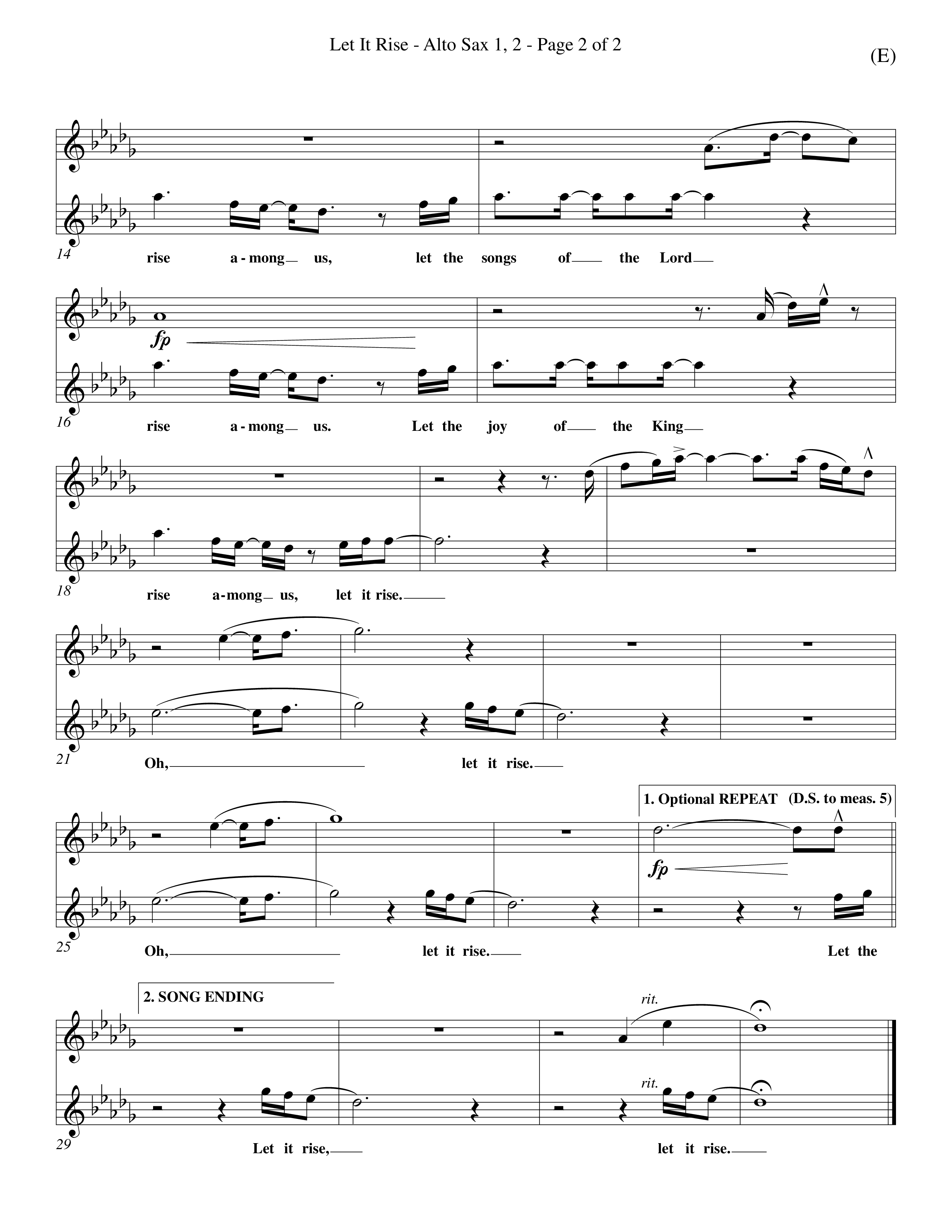 Let It Rise (Choral Anthem SATB) Alto Sax 1/2 (Word Music Choral / Orch. Richard Kingsmore)