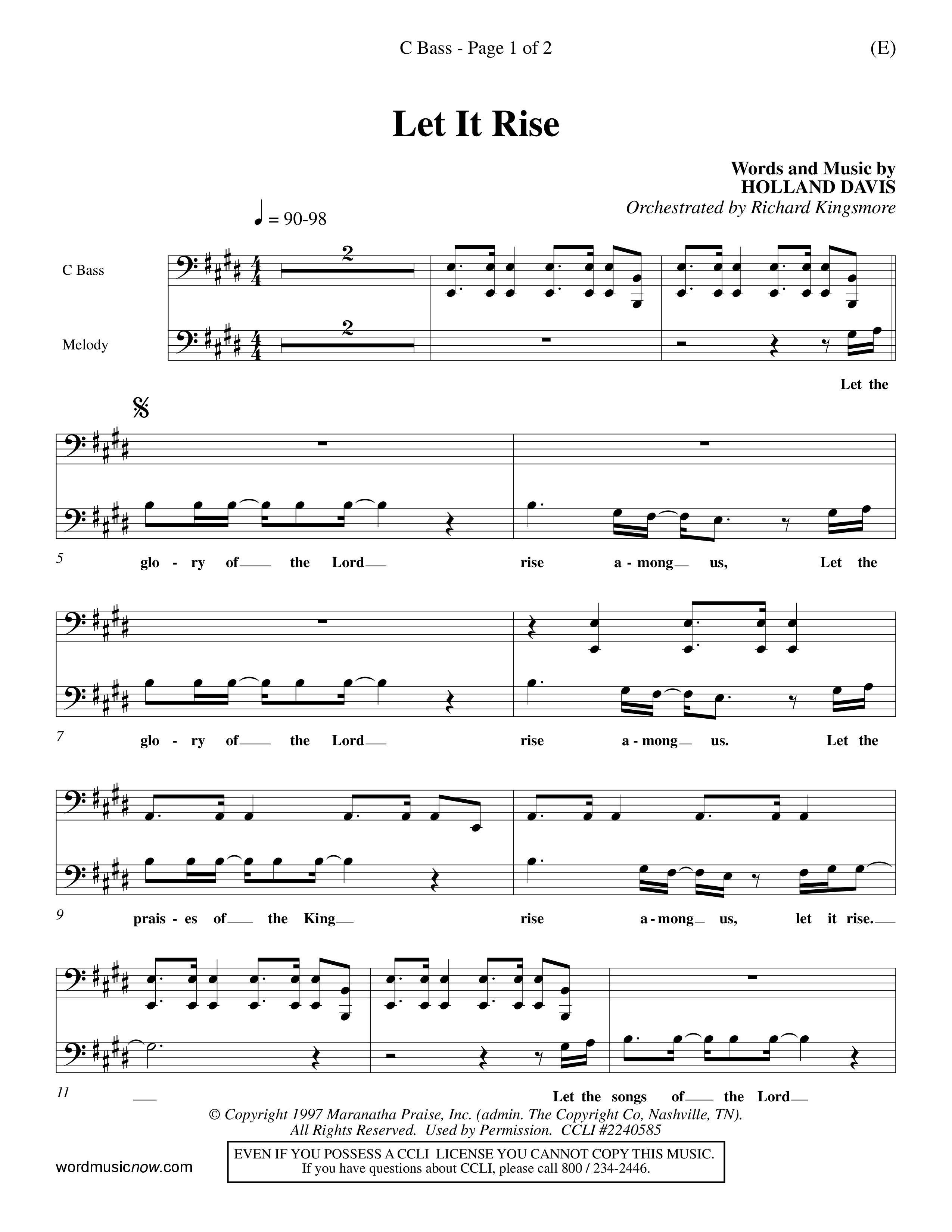 Let It Rise (Choral Anthem SATB) Contrabass (Word Music Choral / Orch. Richard Kingsmore)
