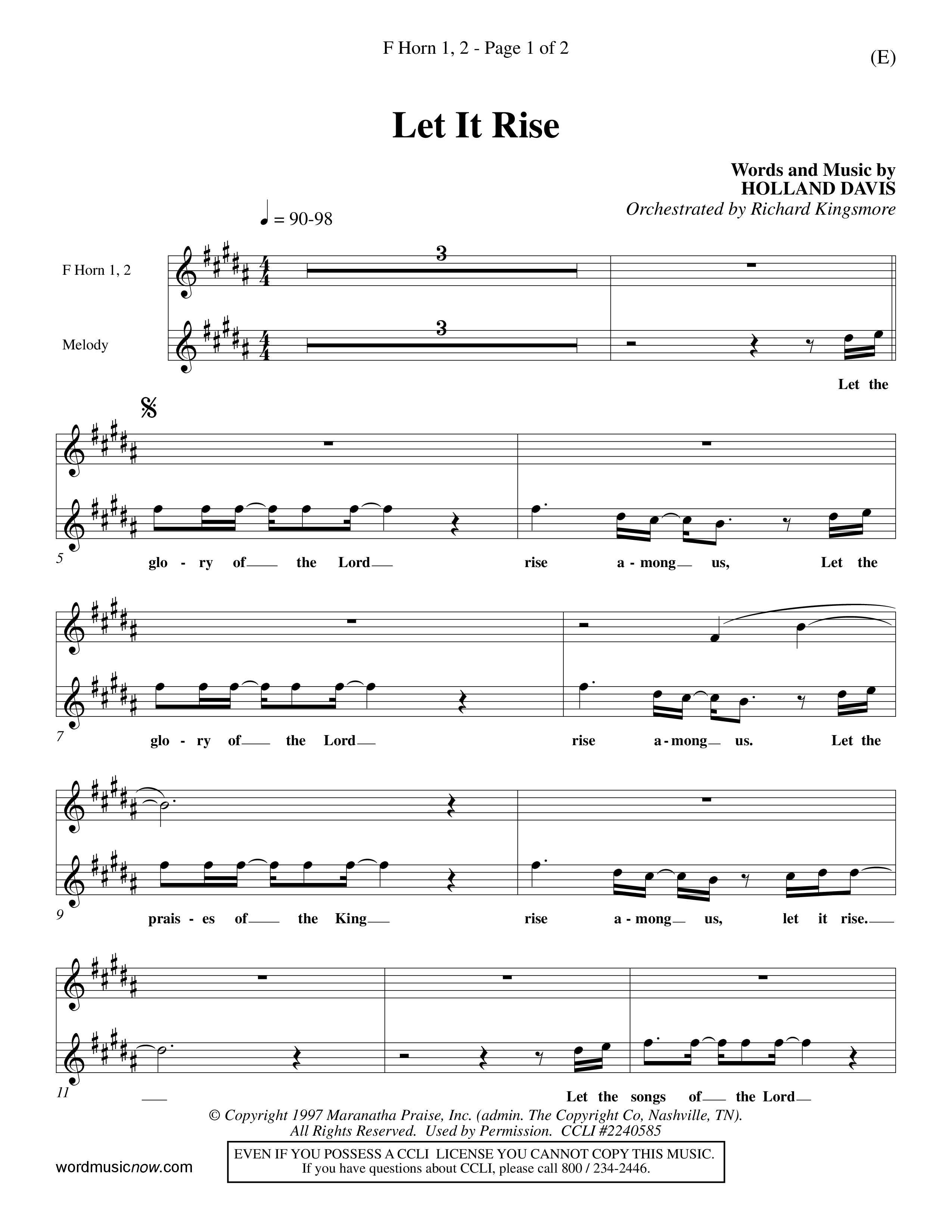 Let It Rise (Choral Anthem SATB) French Horn (Word Music Choral / Orch. Richard Kingsmore)