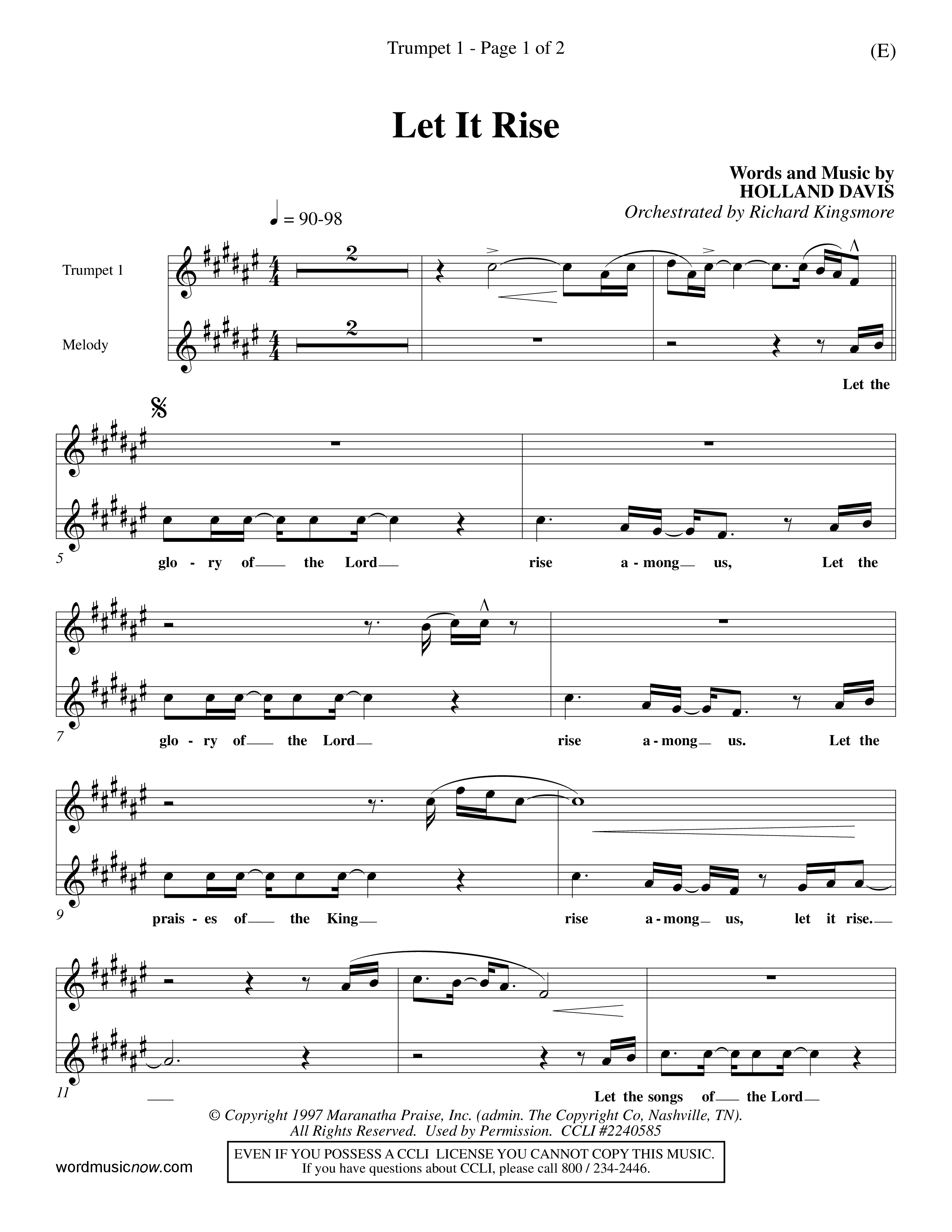 Let It Rise (Choral Anthem SATB) Trumpet 1 (Word Music Choral / Orch. Richard Kingsmore)