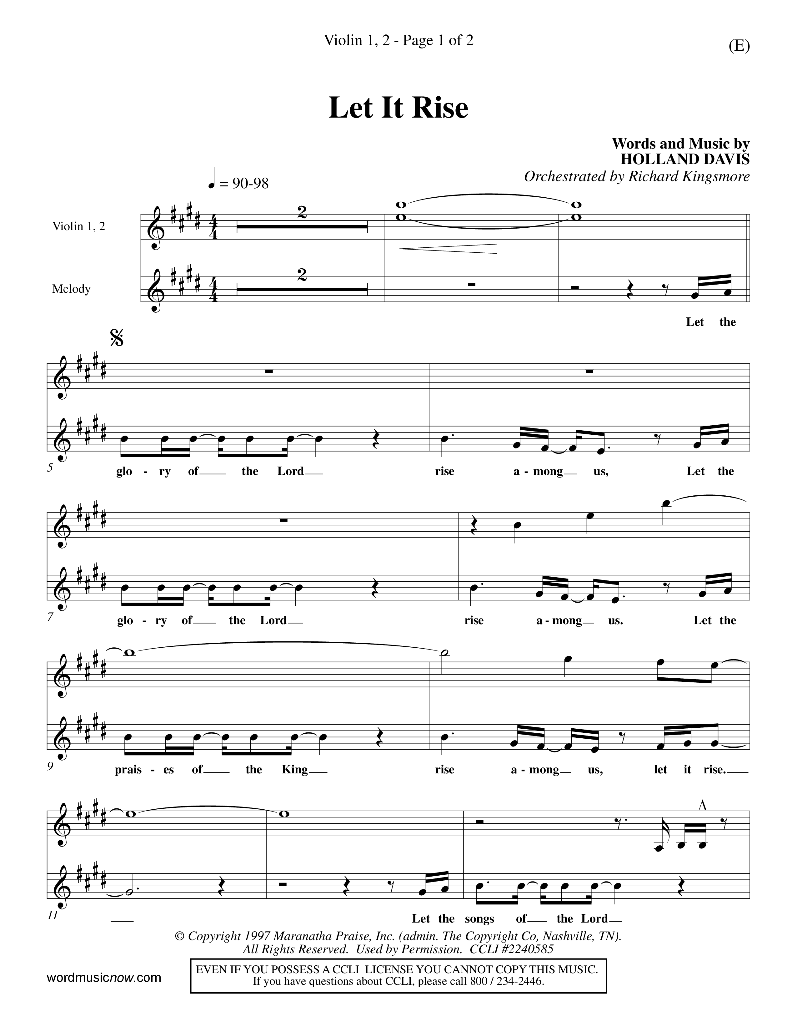Let It Rise (Choral Anthem SATB) Violin 1/2 (Word Music Choral / Orch. Richard Kingsmore)