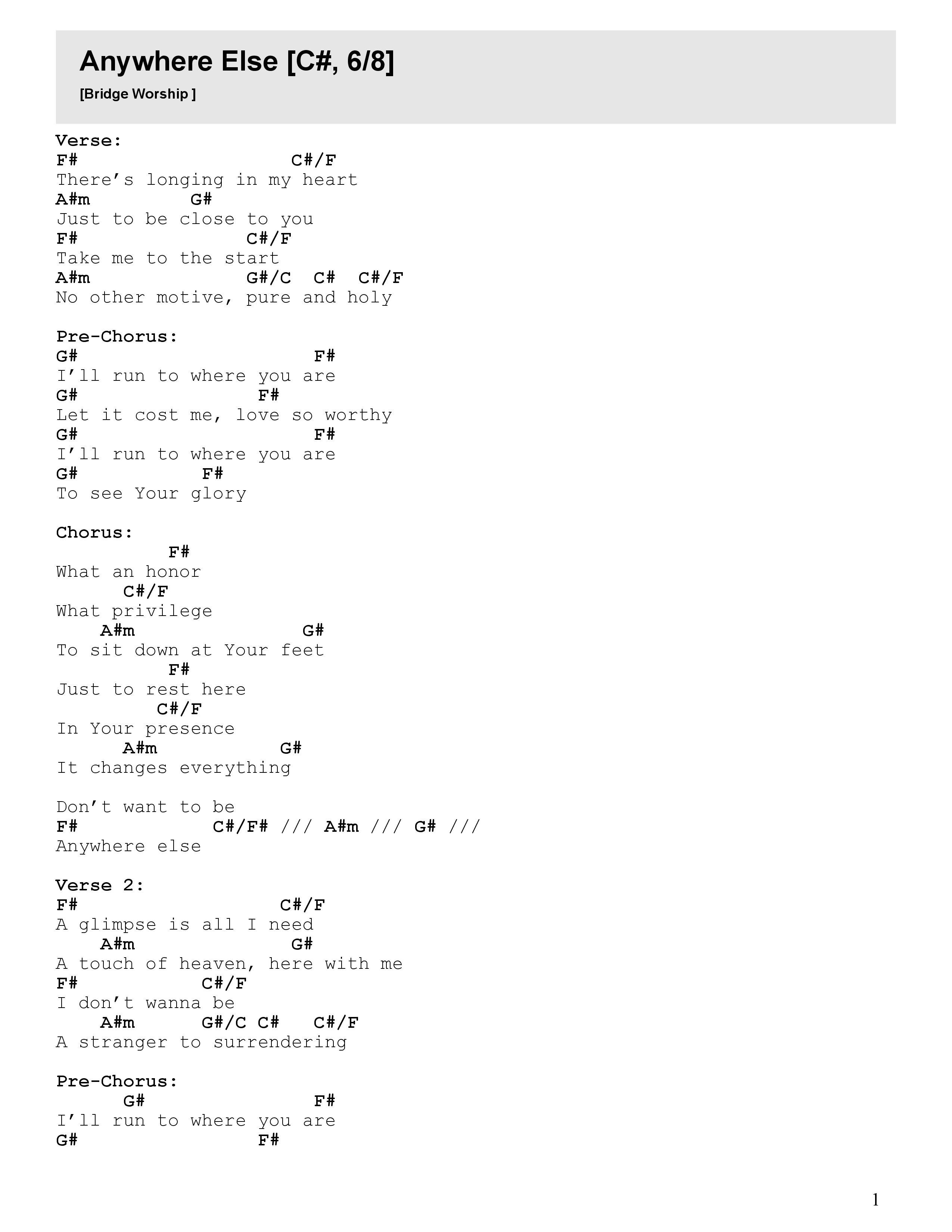 Anywhere Else Chord Chart (Bridge Worship / Gracie Jacob)