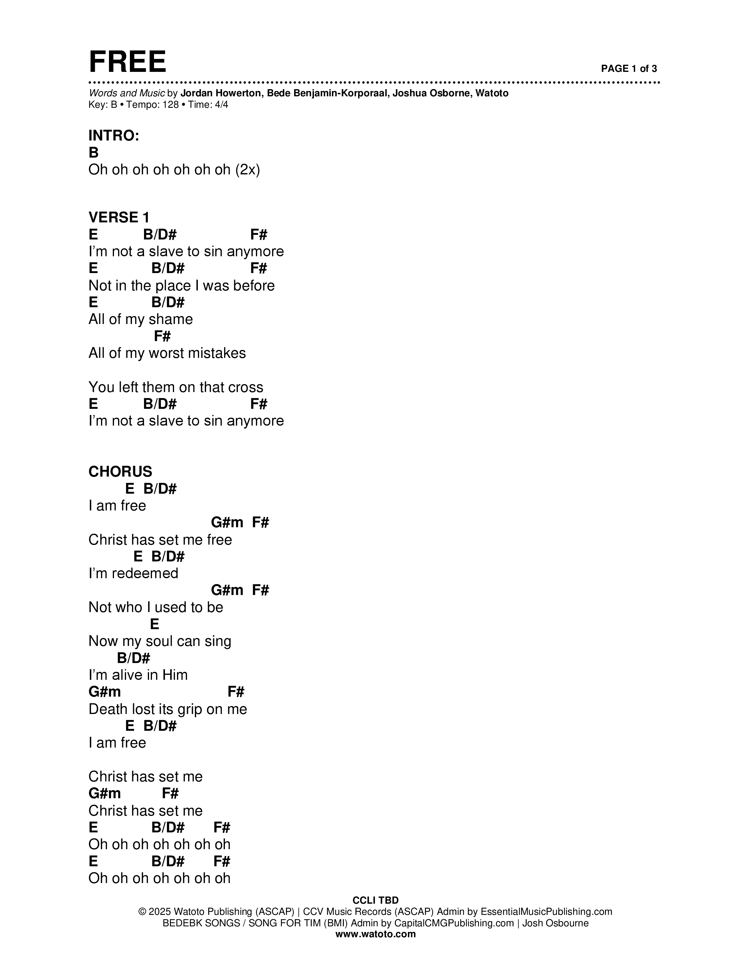 Free (Live) Chord Chart (Brad & Rebekah / CCV Worship / Watoto)