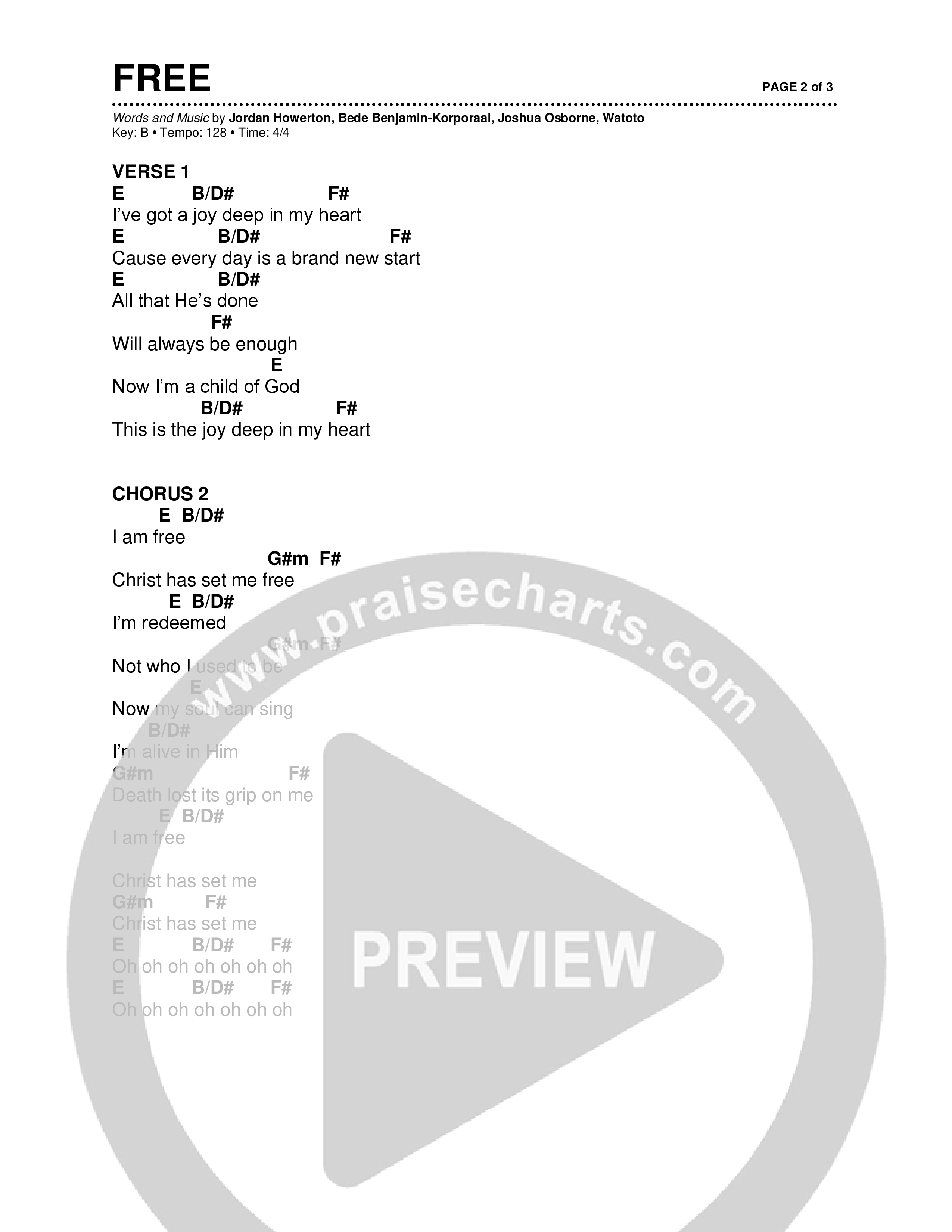 Free (Live) Chord Chart (Brad & Rebekah / CCV Worship / Watoto)
