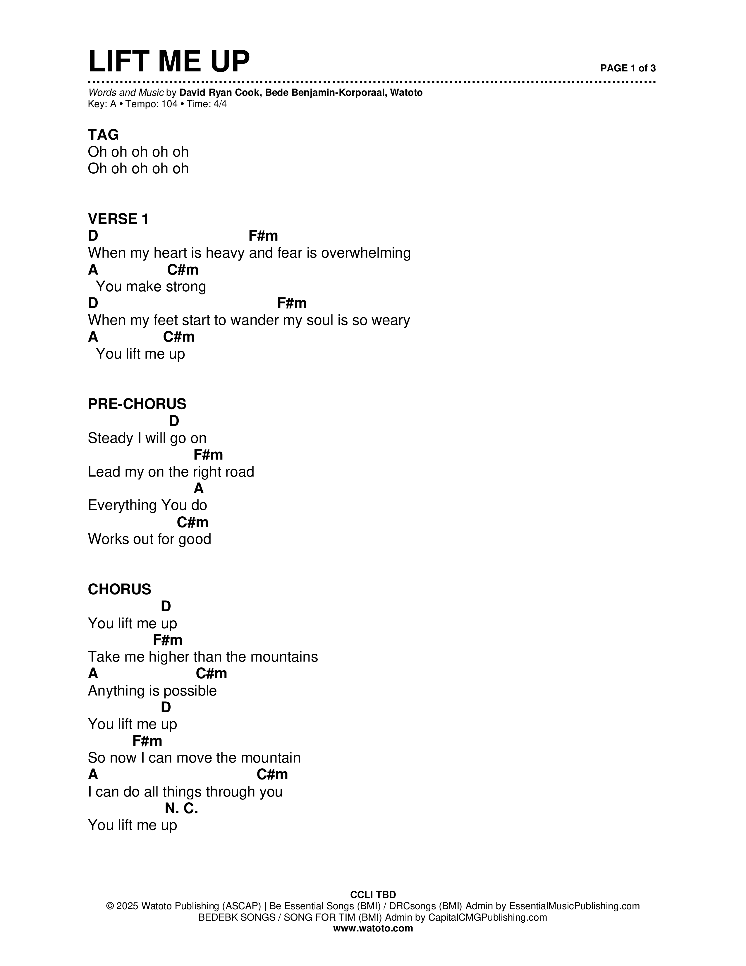 Lift Me Up (Live) Chord Chart (Brad & Rebekah / CCV Worship / Watoto)