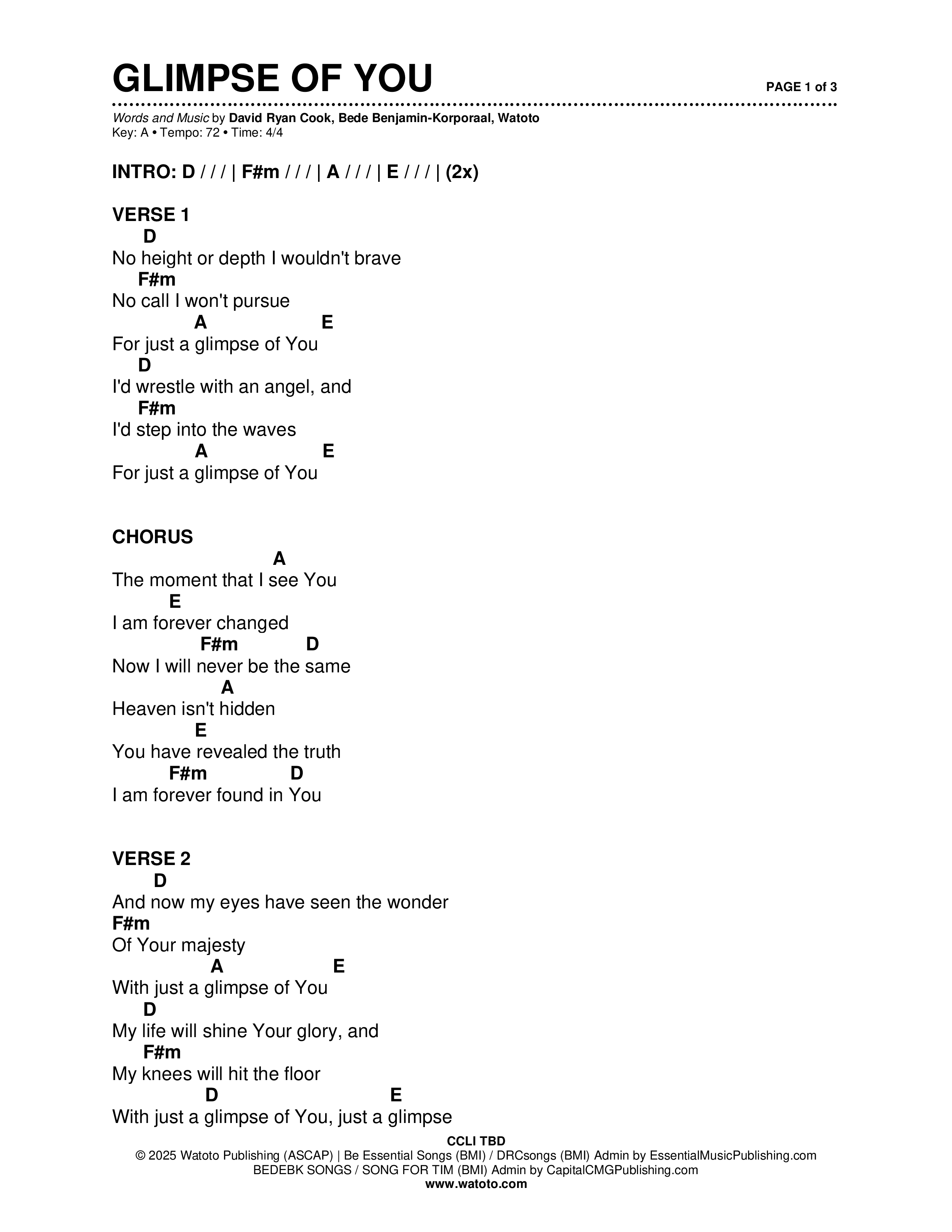 Glimpse Of You (Live) Chord Chart (Brad & Rebekah / CCV Worship / Watoto)