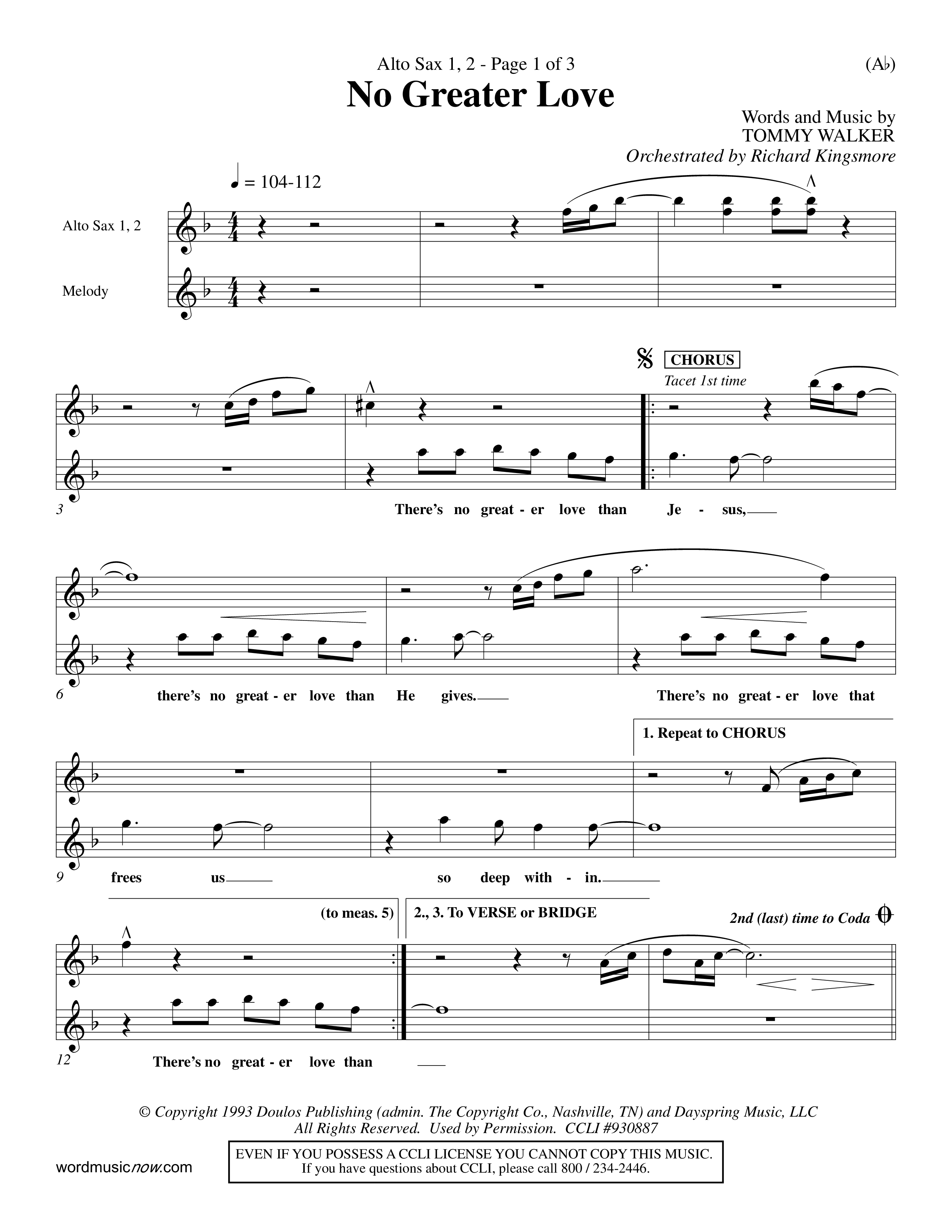 No Greater Love (Choral Anthem SATB) Alto Sax 1/2 (Word Music Choral / Orch. Richard Kingsmore)