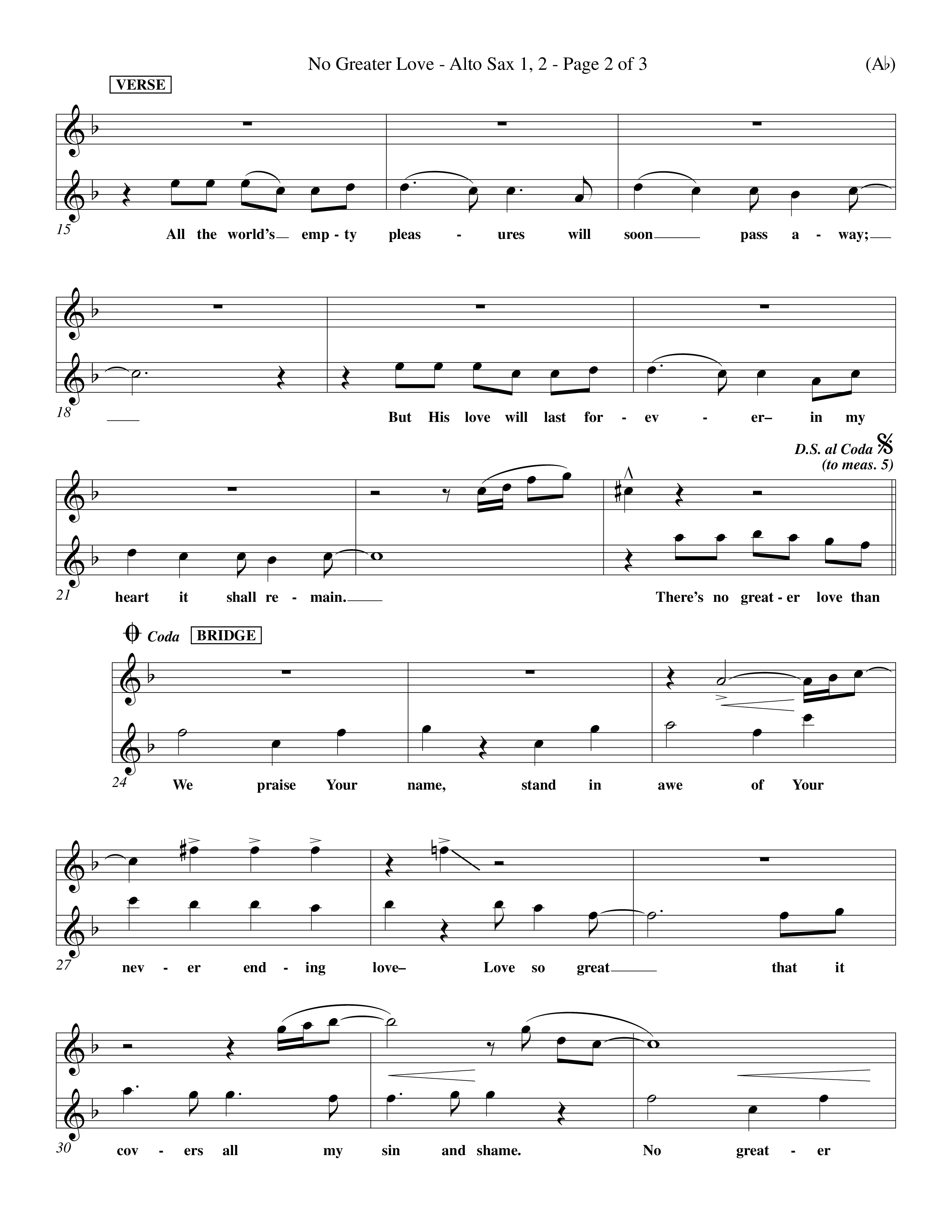 No Greater Love (Choral Anthem SATB) Alto Sax 1/2 (Word Music Choral / Orch. Richard Kingsmore)