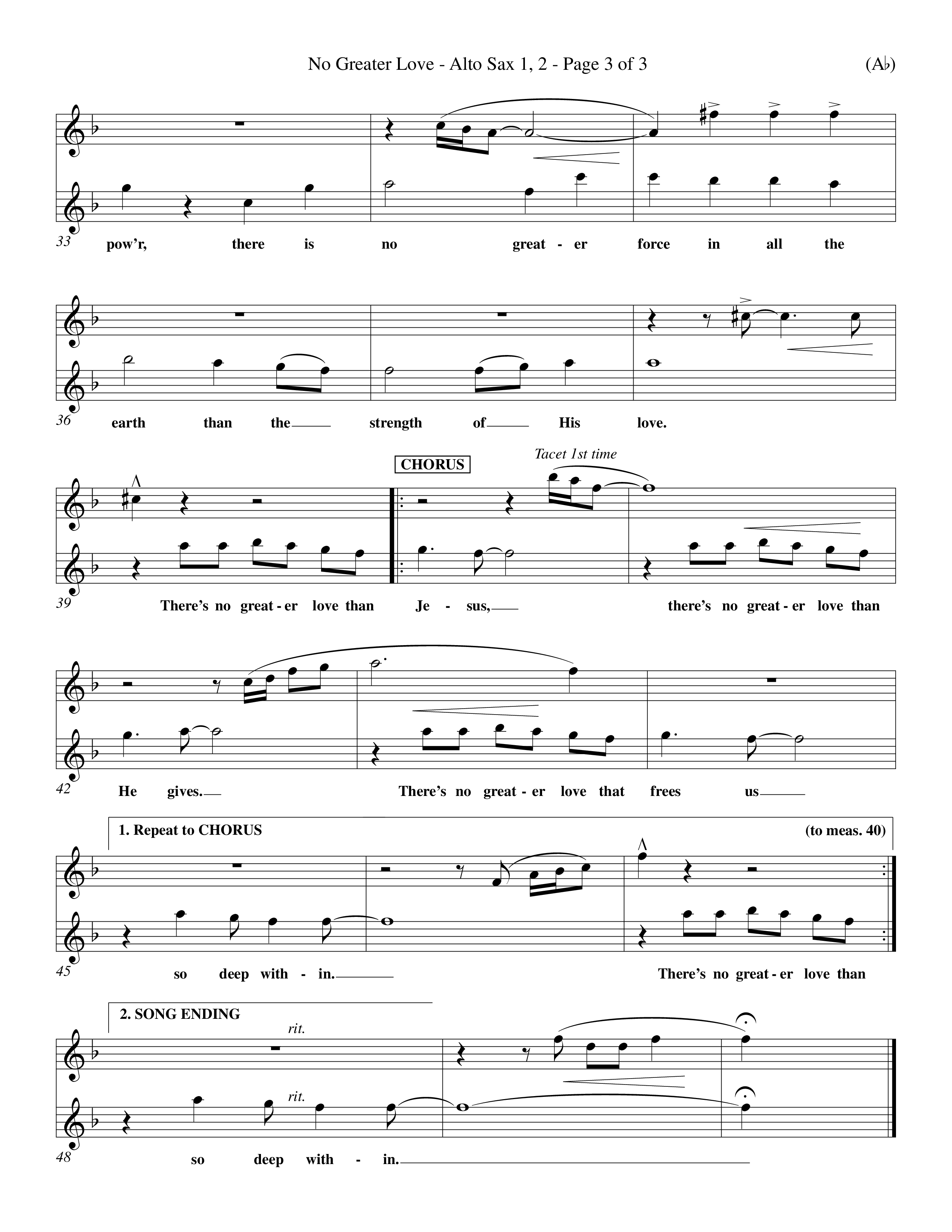 No Greater Love (Choral Anthem SATB) Alto Sax 1/2 (Word Music Choral / Orch. Richard Kingsmore)