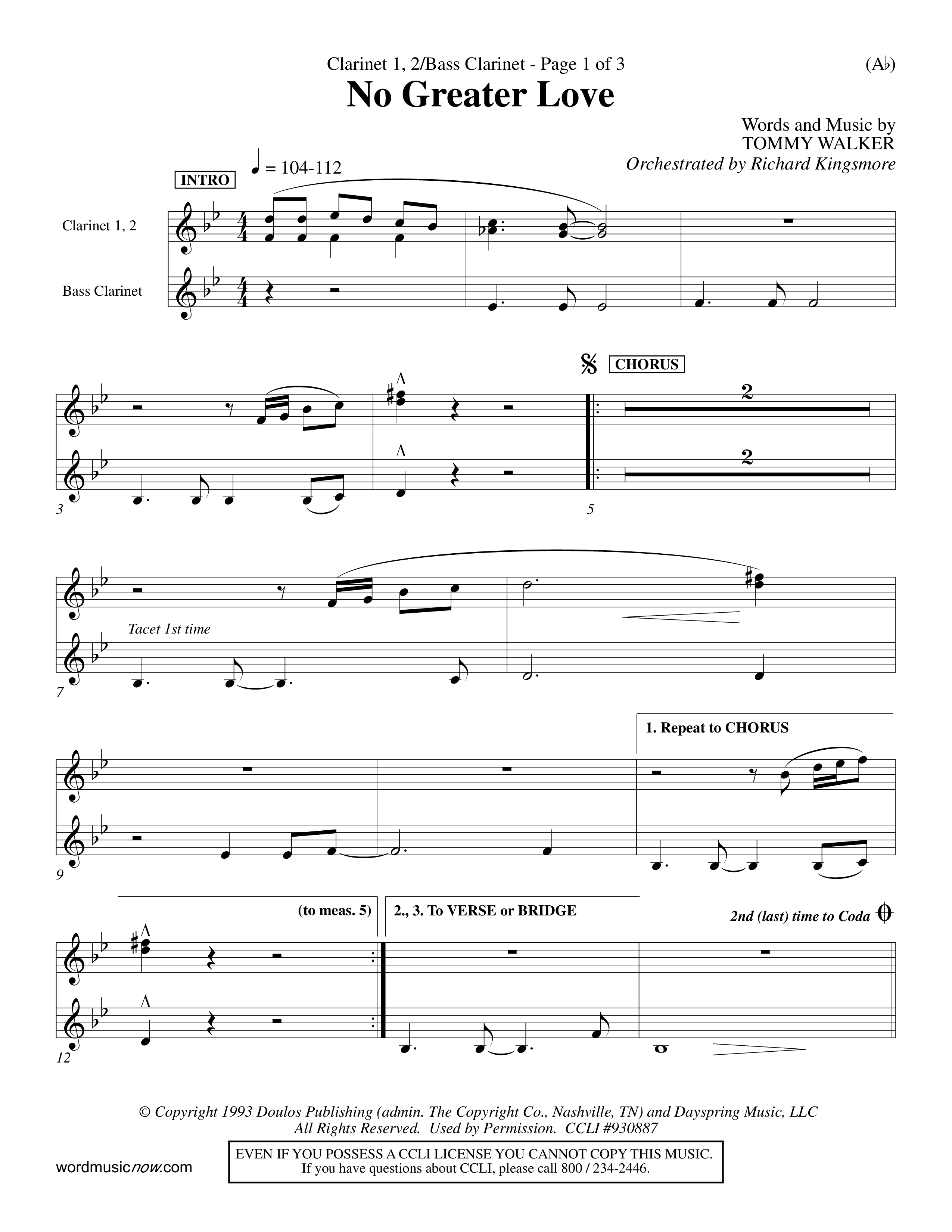 No Greater Love (Choral Anthem SATB) Clarinet 1/2, Bass Clarinet (Word Music Choral / Orch. Richard Kingsmore)