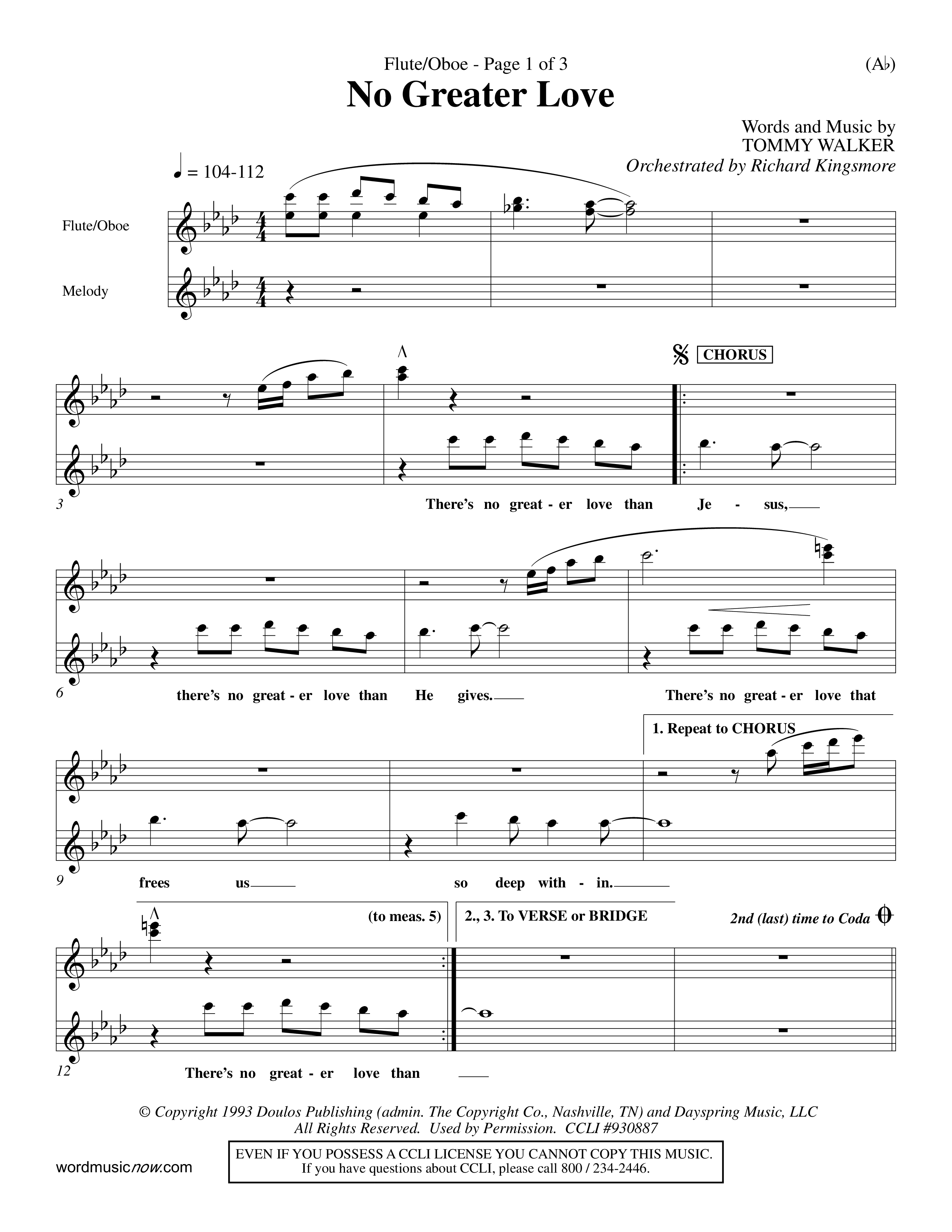 No Greater Love (Choral Anthem SATB) Flute/Oboe (Word Music Choral / Orch. Richard Kingsmore)