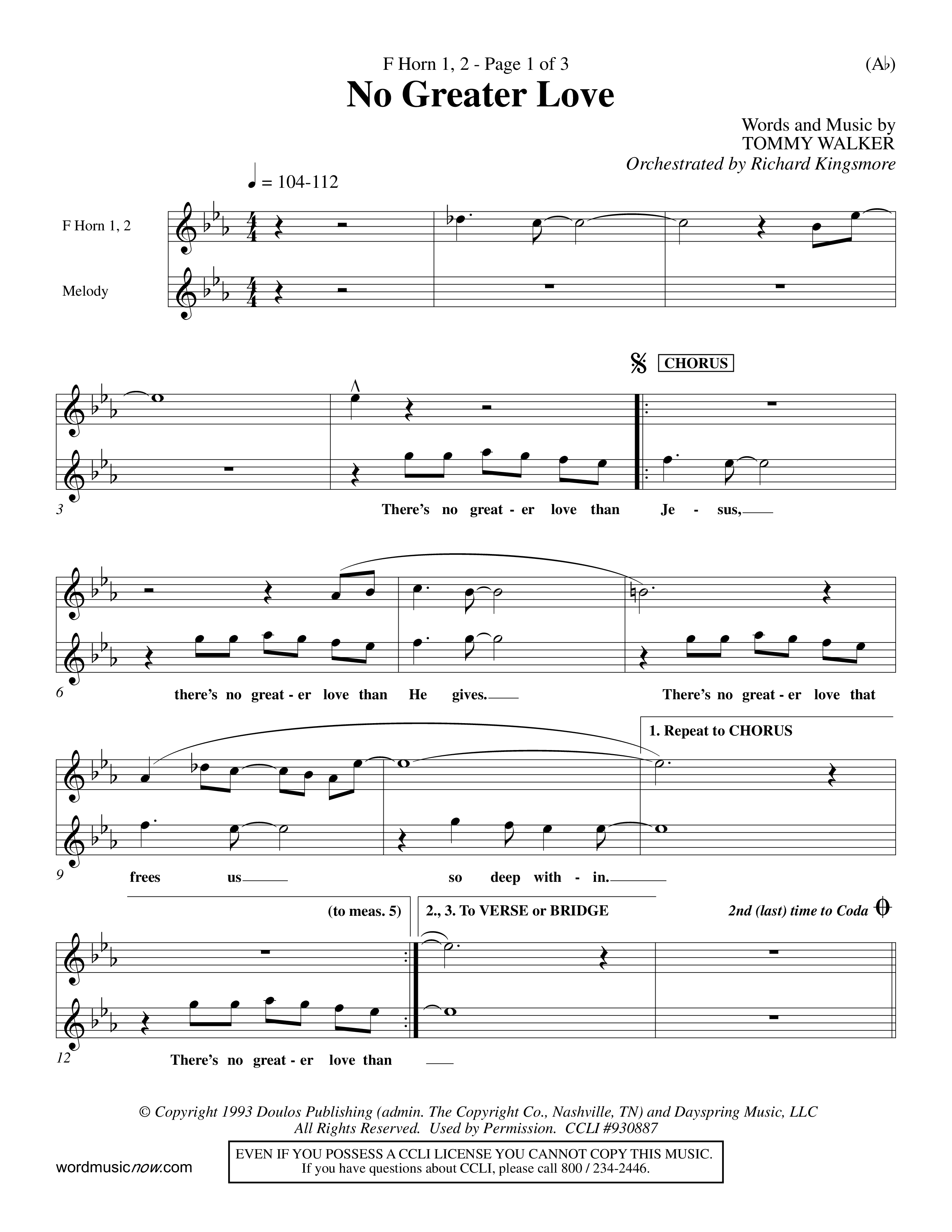 No Greater Love (Choral Anthem SATB) French Horn (Word Music Choral / Orch. Richard Kingsmore)