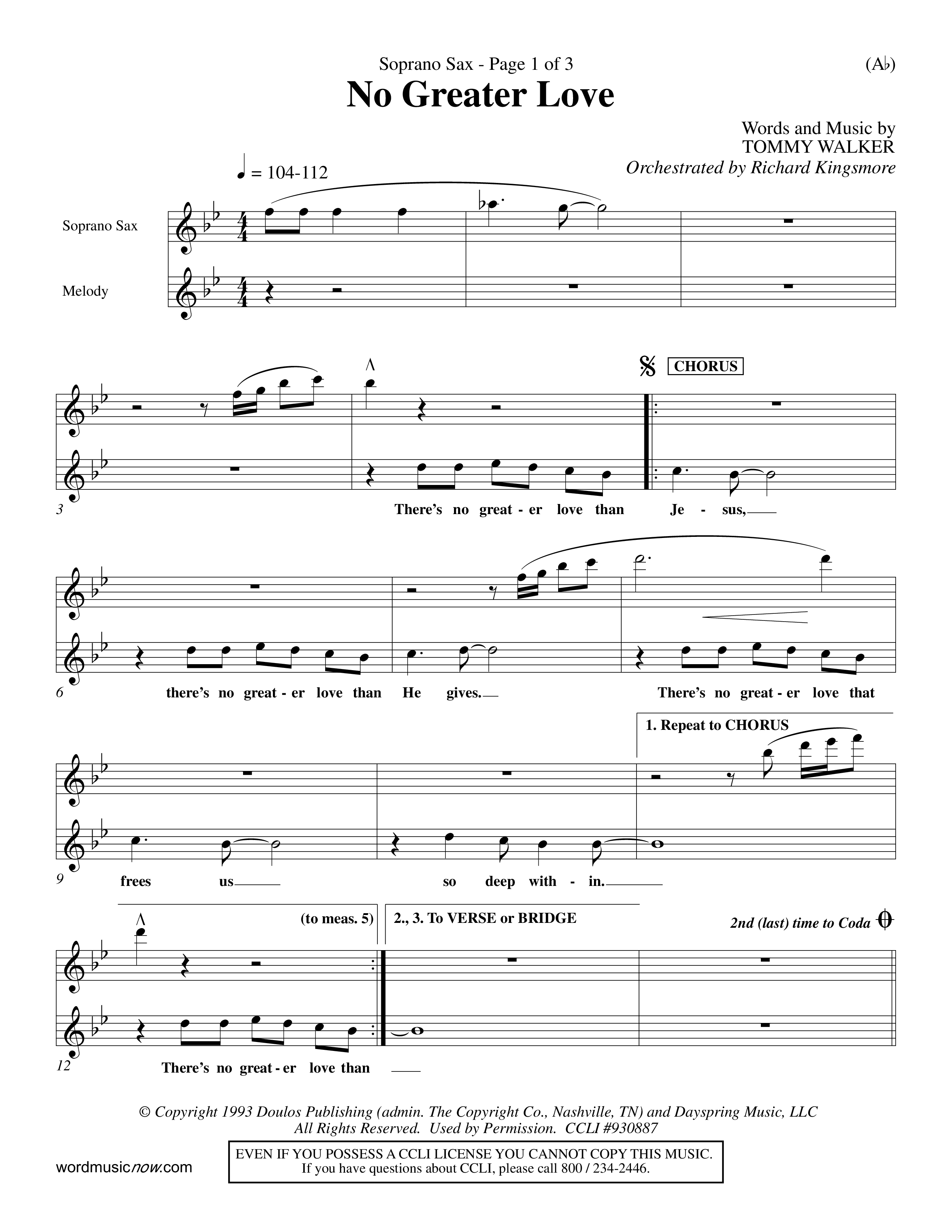 No Greater Love (Choral Anthem SATB) Saxophone (Word Music Choral / Orch. Richard Kingsmore)