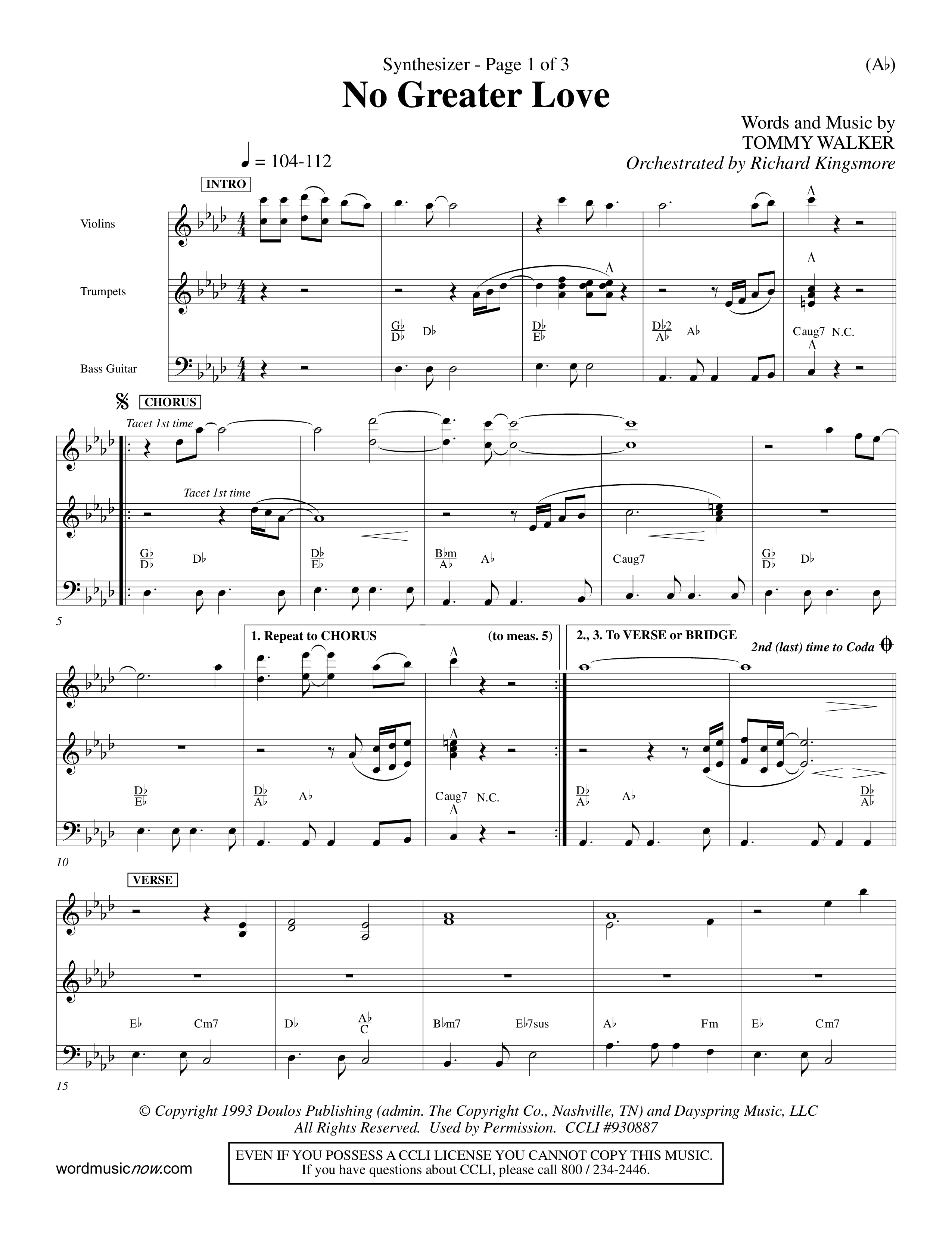 No Greater Love (Choral Anthem SATB) Synth (Word Music Choral / Orch. Richard Kingsmore)