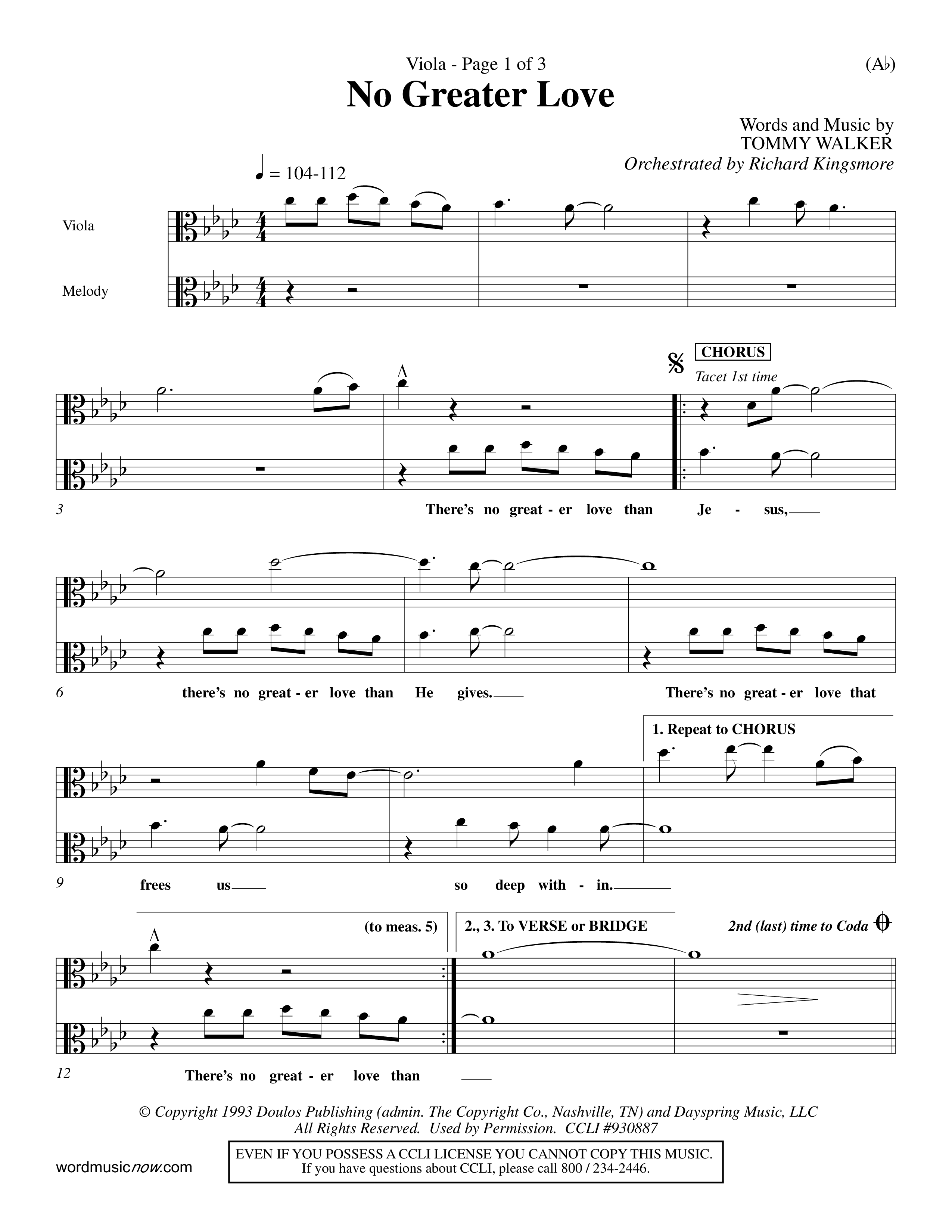 No Greater Love (Choral Anthem SATB) Viola (Word Music Choral / Orch. Richard Kingsmore)