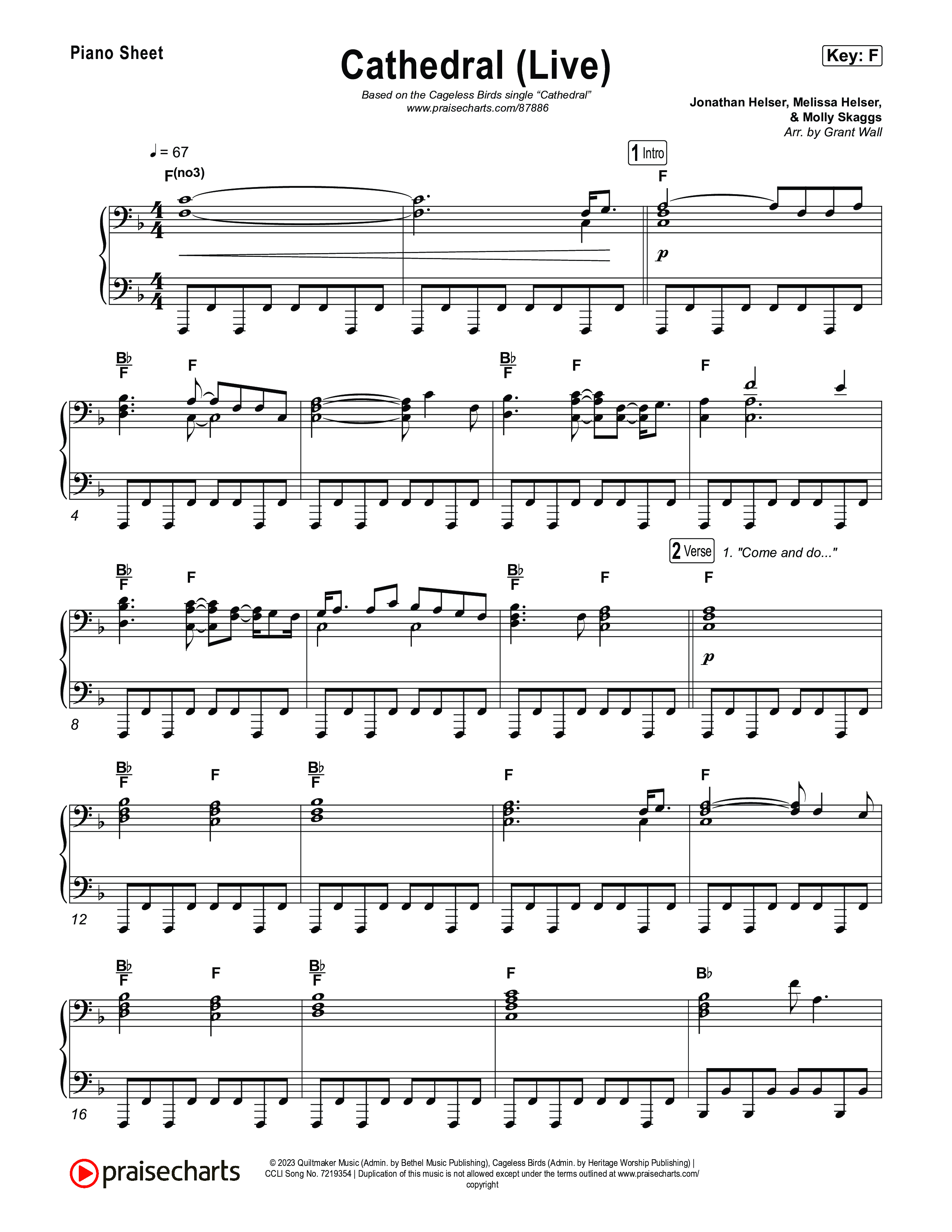 Cathedral (Live) Piano Sheet (Cageless Birds / Jonathan David Helser / Melissa Helser)