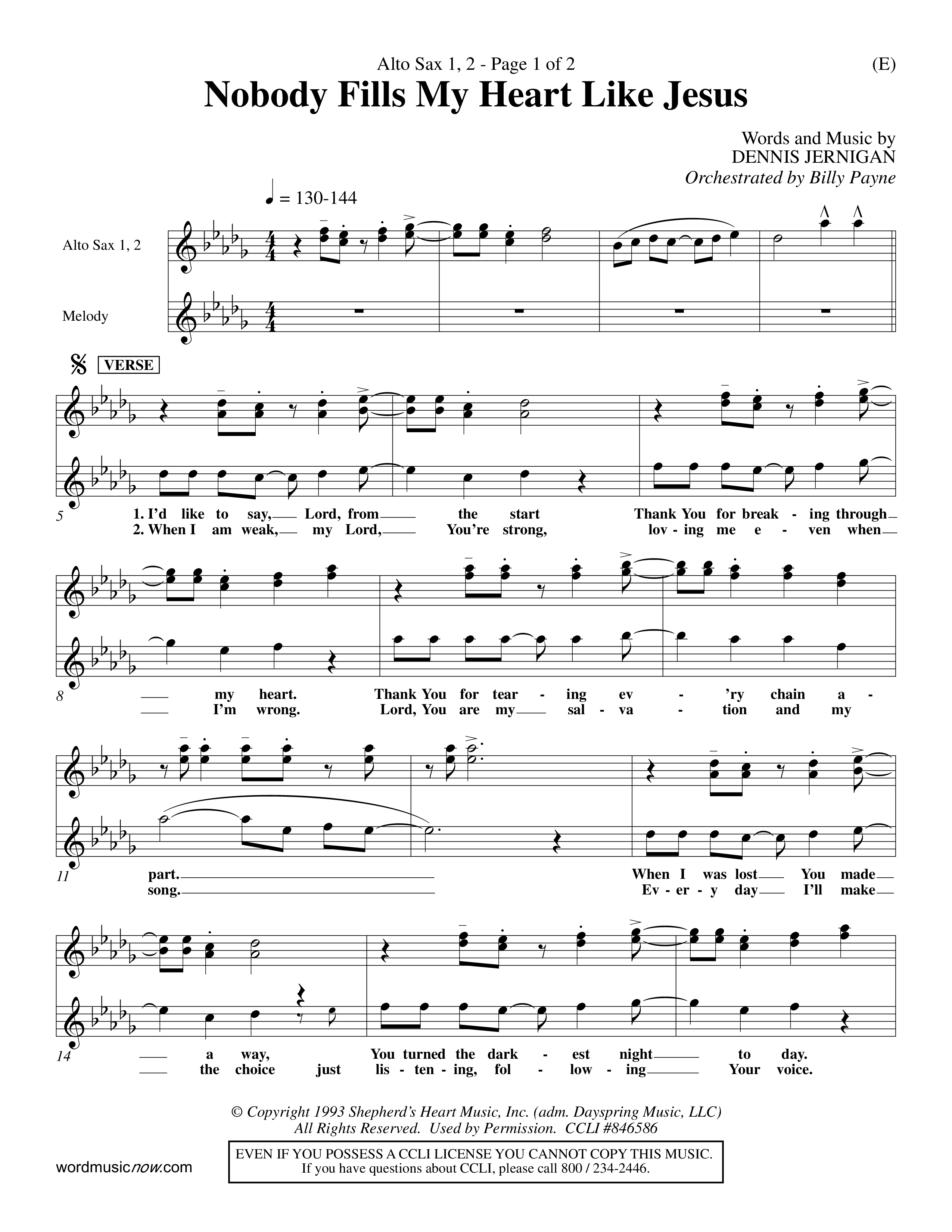 Nobody Fills My Heart Like Jesus (Choral Anthem SATB) Alto Sax 1/2 (Word Music Choral / Orch. Billy Payne)