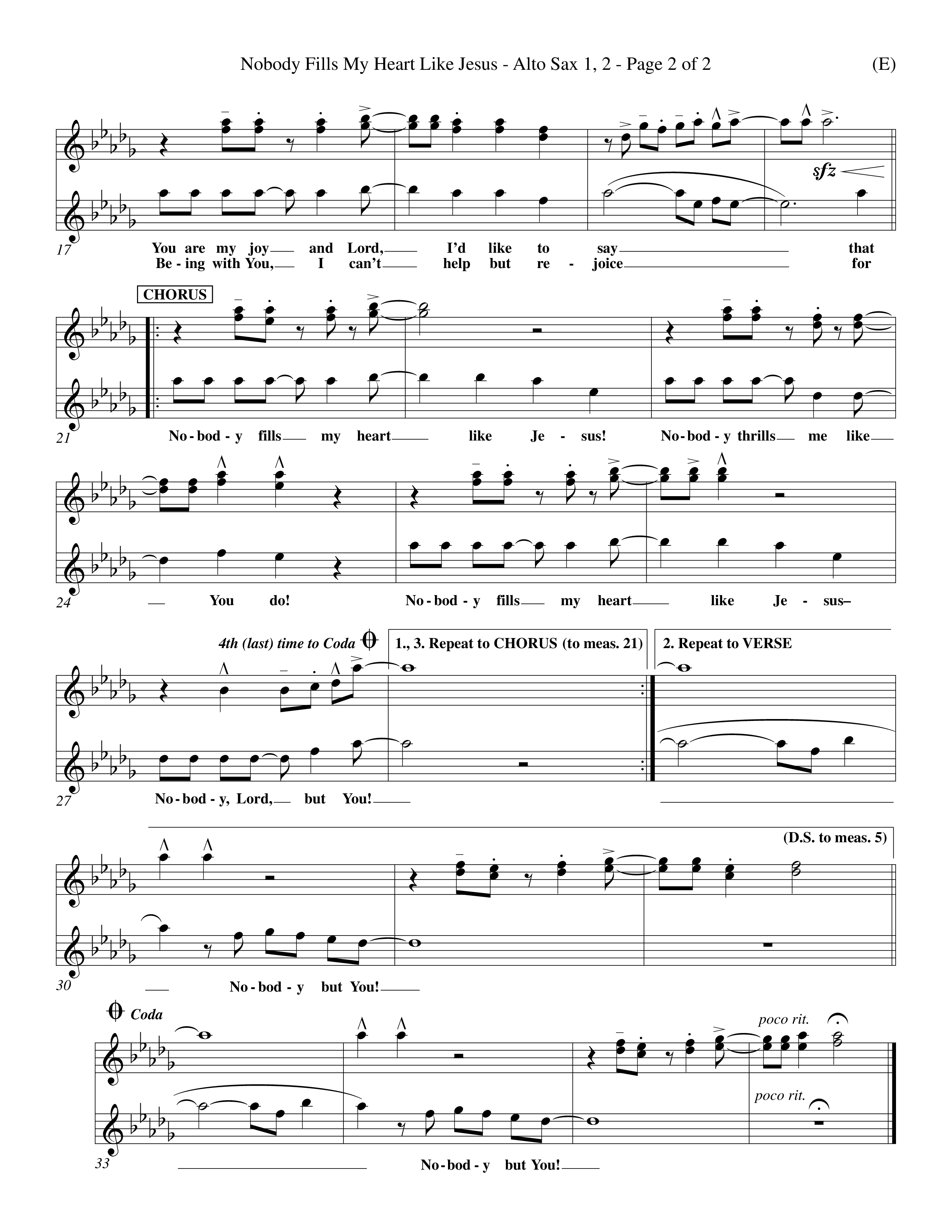 Nobody Fills My Heart Like Jesus (Choral Anthem SATB) Alto Sax 1/2 (Word Music Choral / Orch. Billy Payne)
