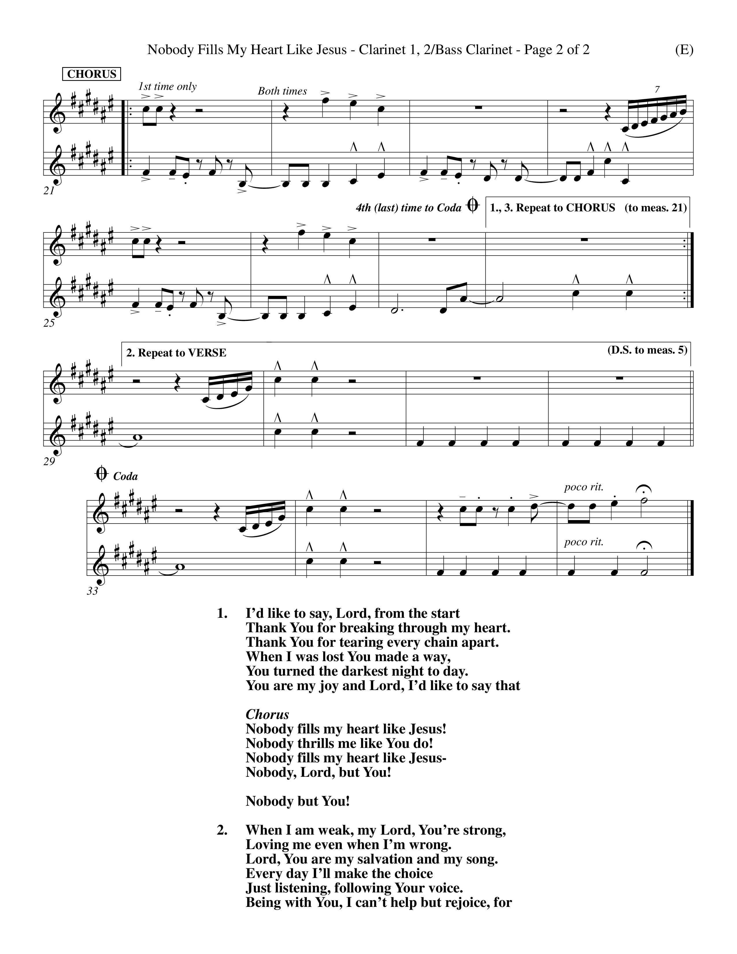 Nobody Fills My Heart Like Jesus (Choral Anthem SATB) Clarinet 1/2, Bass Clarinet (Word Music Choral / Orch. Billy Payne)