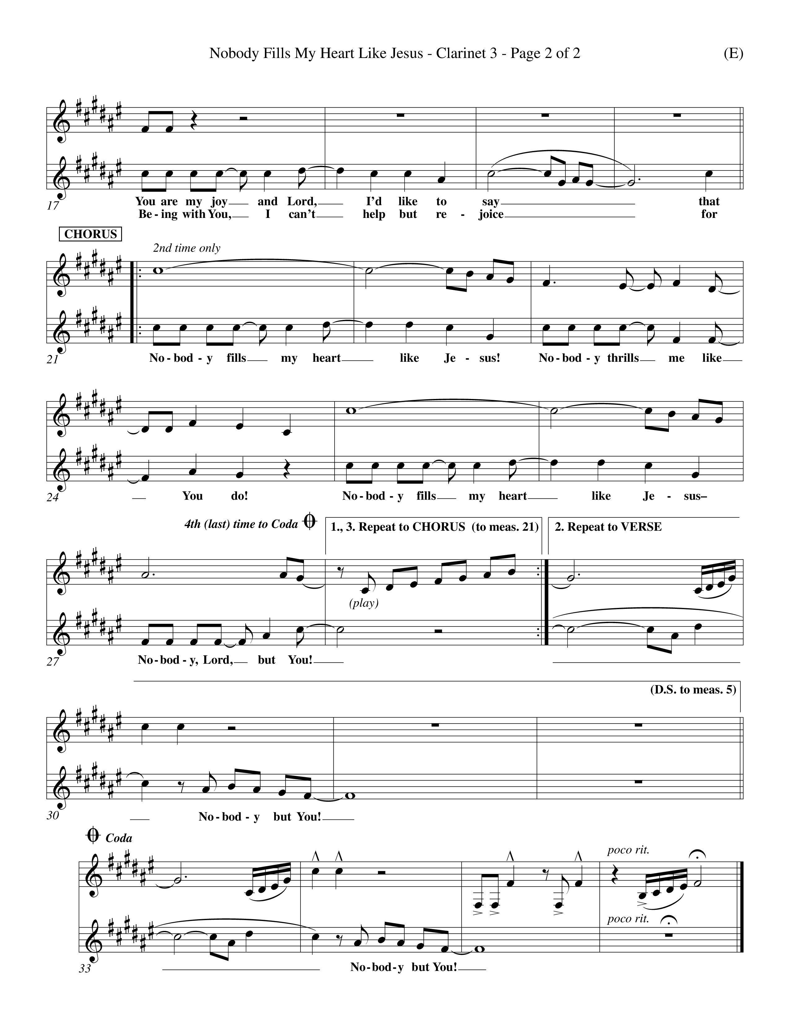 Nobody Fills My Heart Like Jesus (Choral Anthem SATB) Clarinet 3 (Word Music Choral / Orch. Billy Payne)