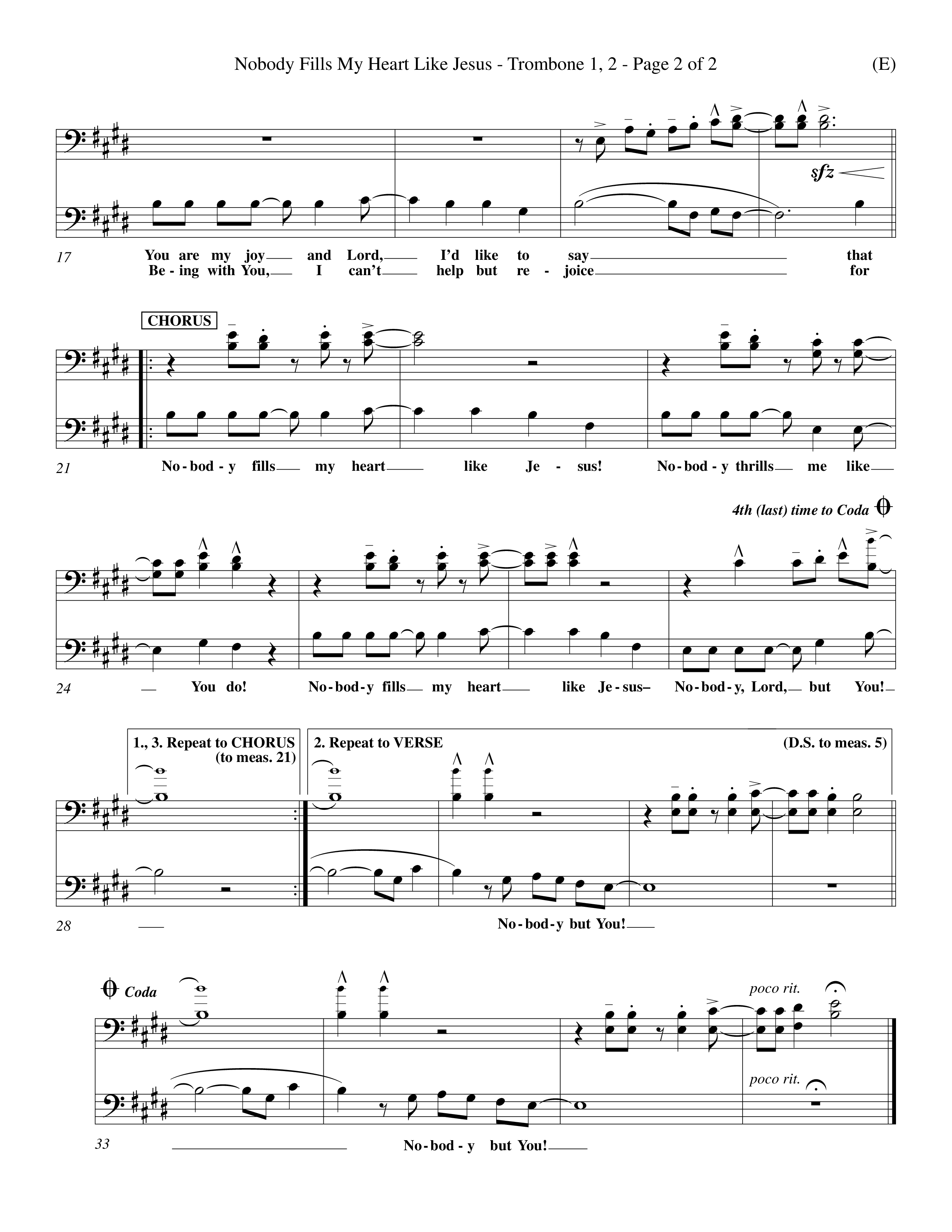 Nobody Fills My Heart Like Jesus (Choral Anthem SATB) Trombone 1/2 (Word Music Choral / Orch. Billy Payne)