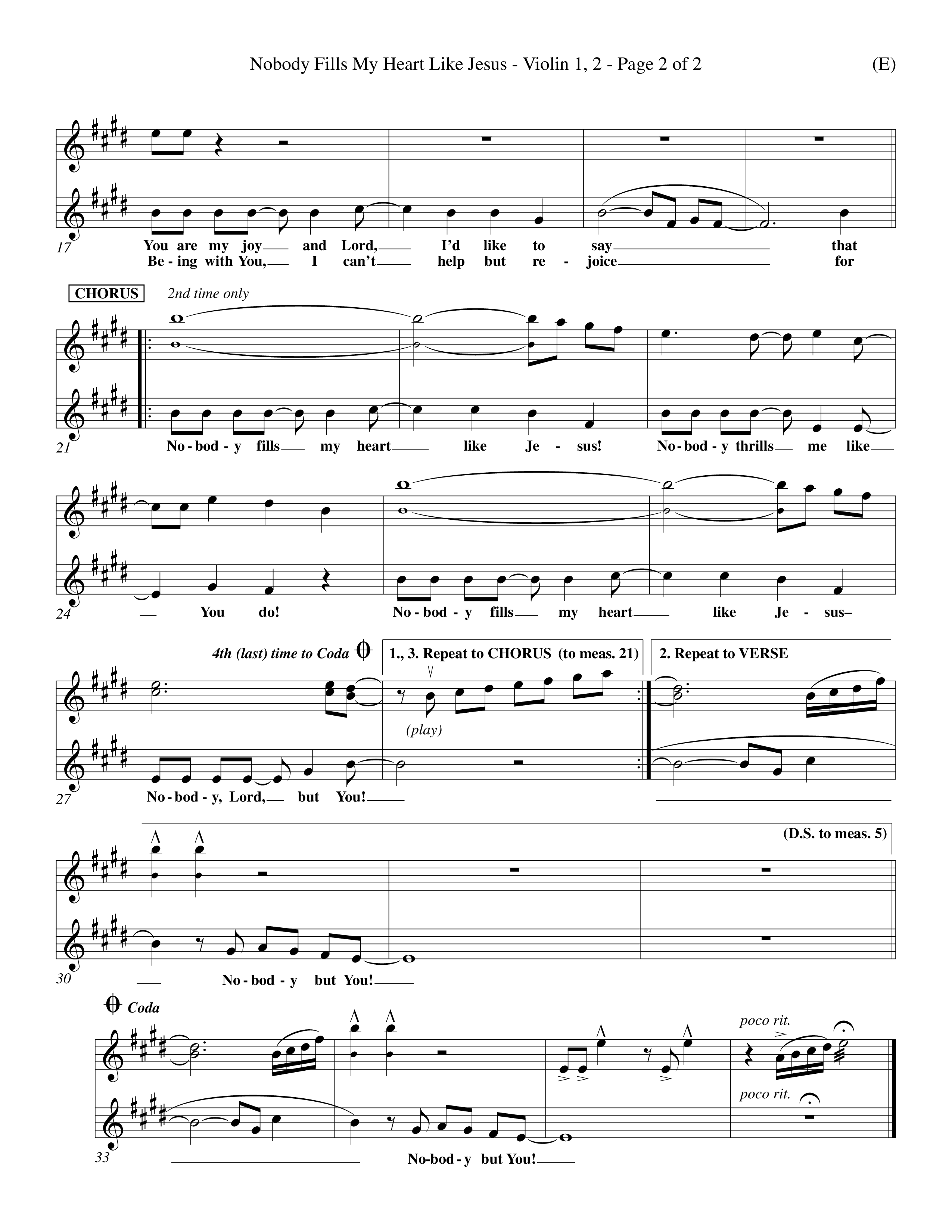 Nobody Fills My Heart Like Jesus (Choral Anthem SATB) Violin 1/2 (Word Music Choral / Orch. Billy Payne)