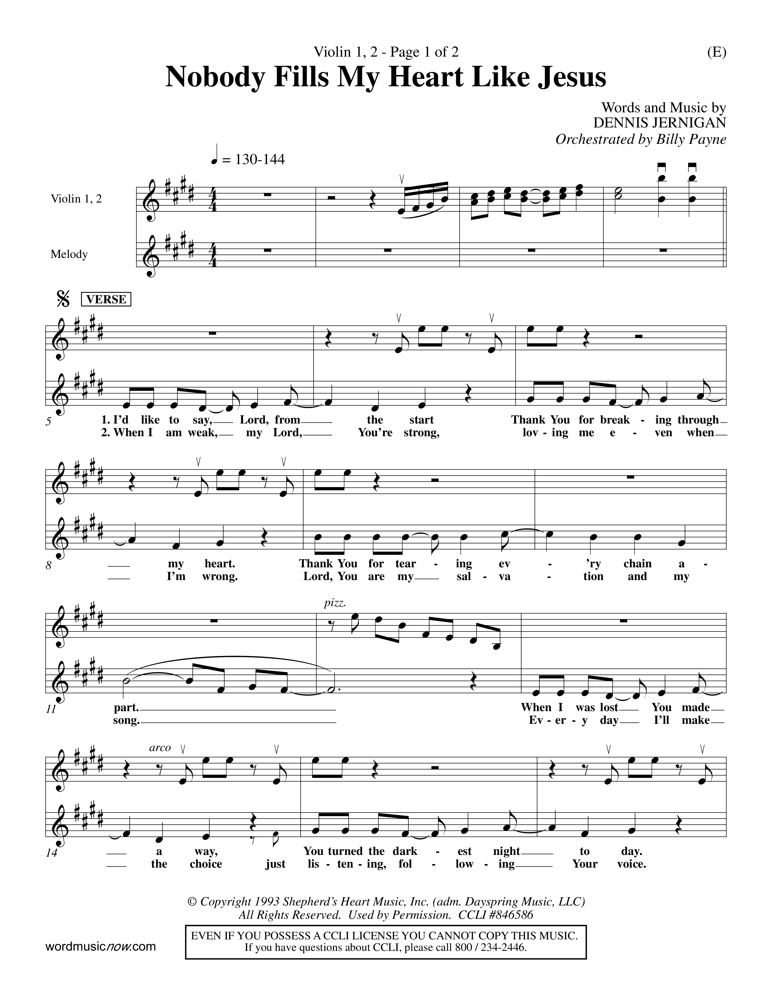 Nobody Fills My Heart Like Jesus (Choral Anthem SATB) Violin 1/2 (Word Music Choral / Orch. Billy Payne)