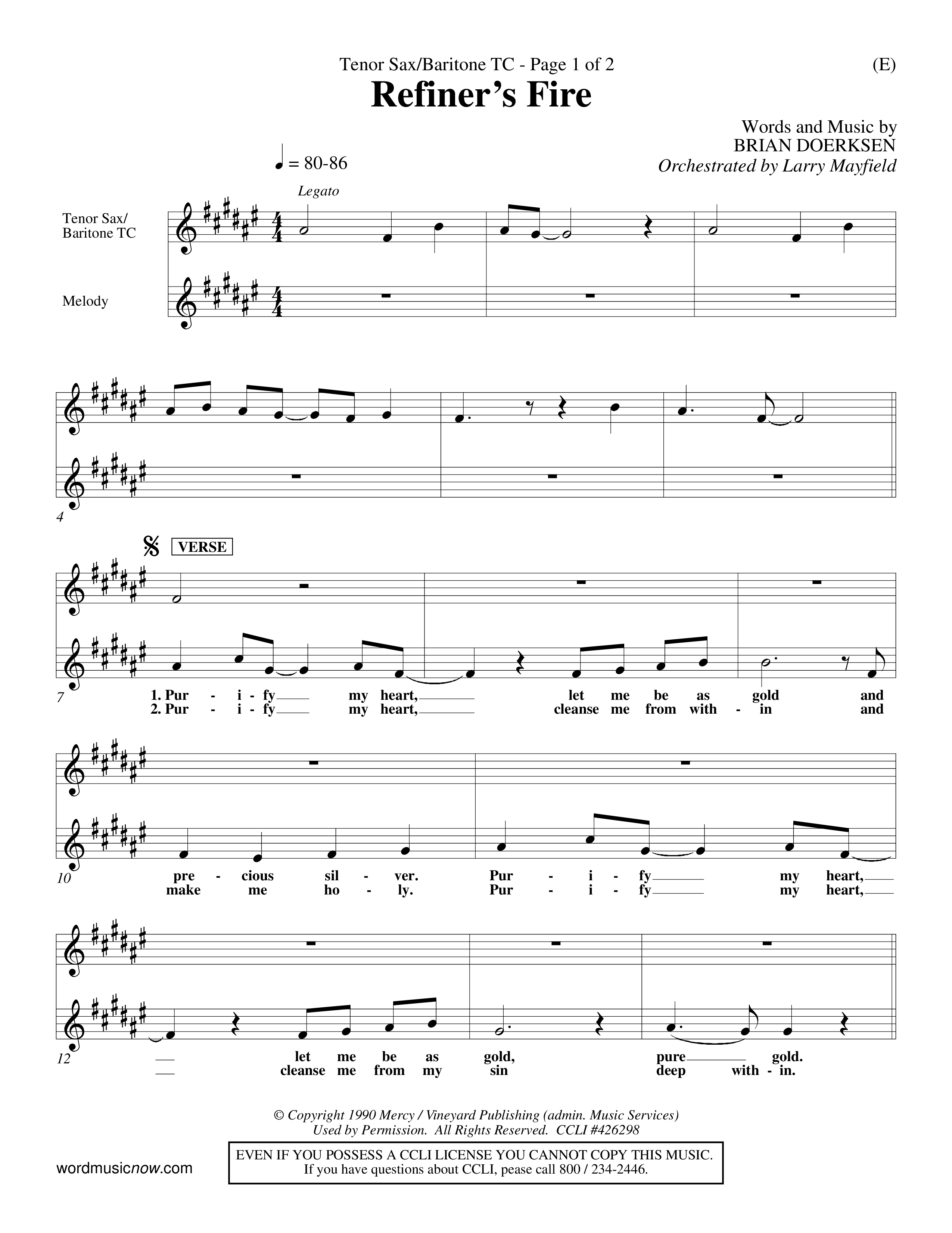 Refiner's Fire (Choral Anthem SATB) Tenor Sax/Baritone T.C. (Word Music Choral / Orch. Larry Mayfield)