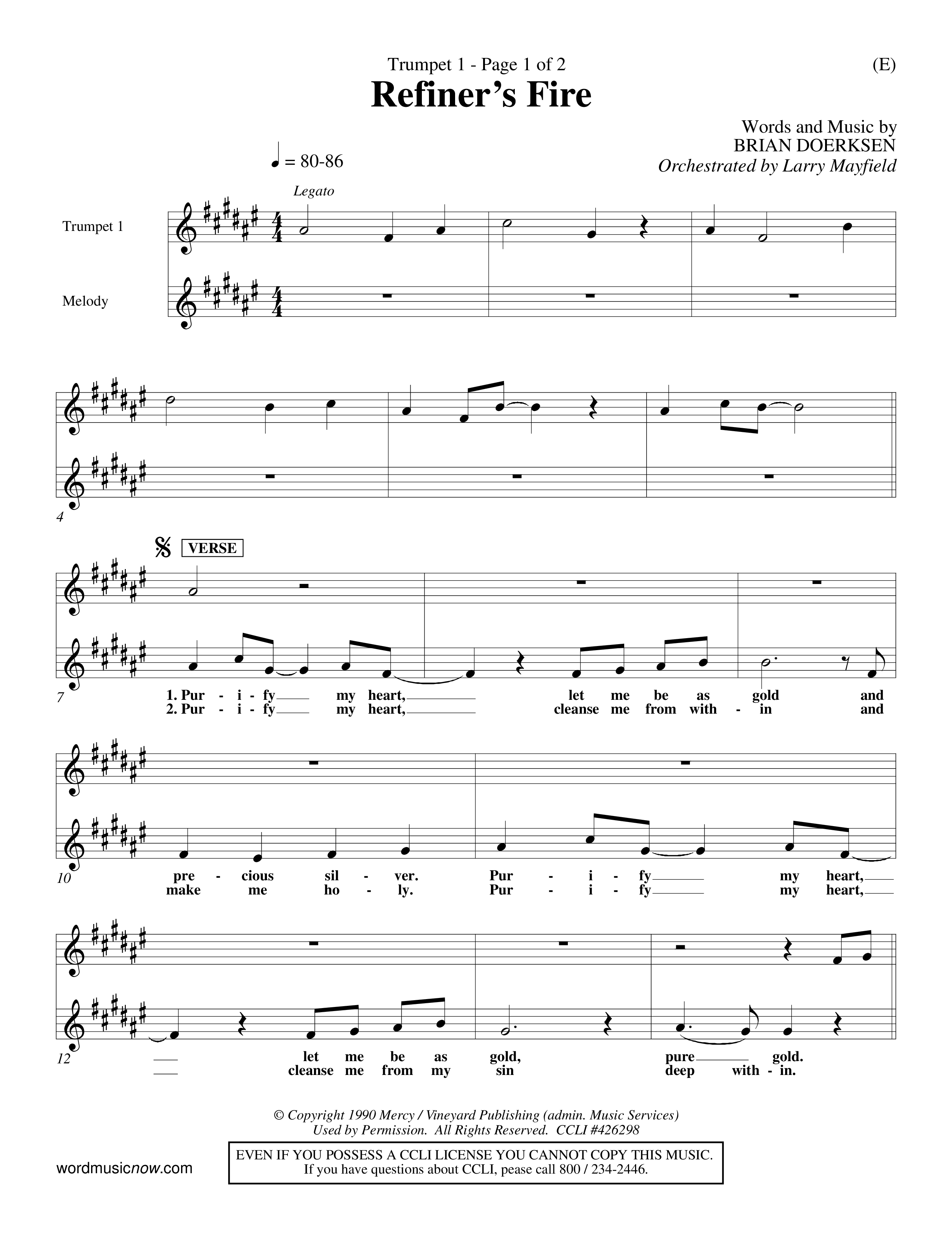 Refiner's Fire (Choral Anthem SATB) Trumpet 1 (Word Music Choral / Orch. Larry Mayfield)