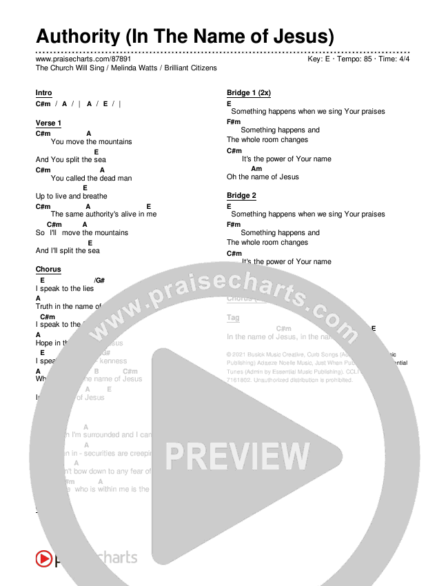Authority (In The Name of Jesus) Chords & Lyrics (The Church Will Sing / Melinda Watts / Brilliant Citizens)