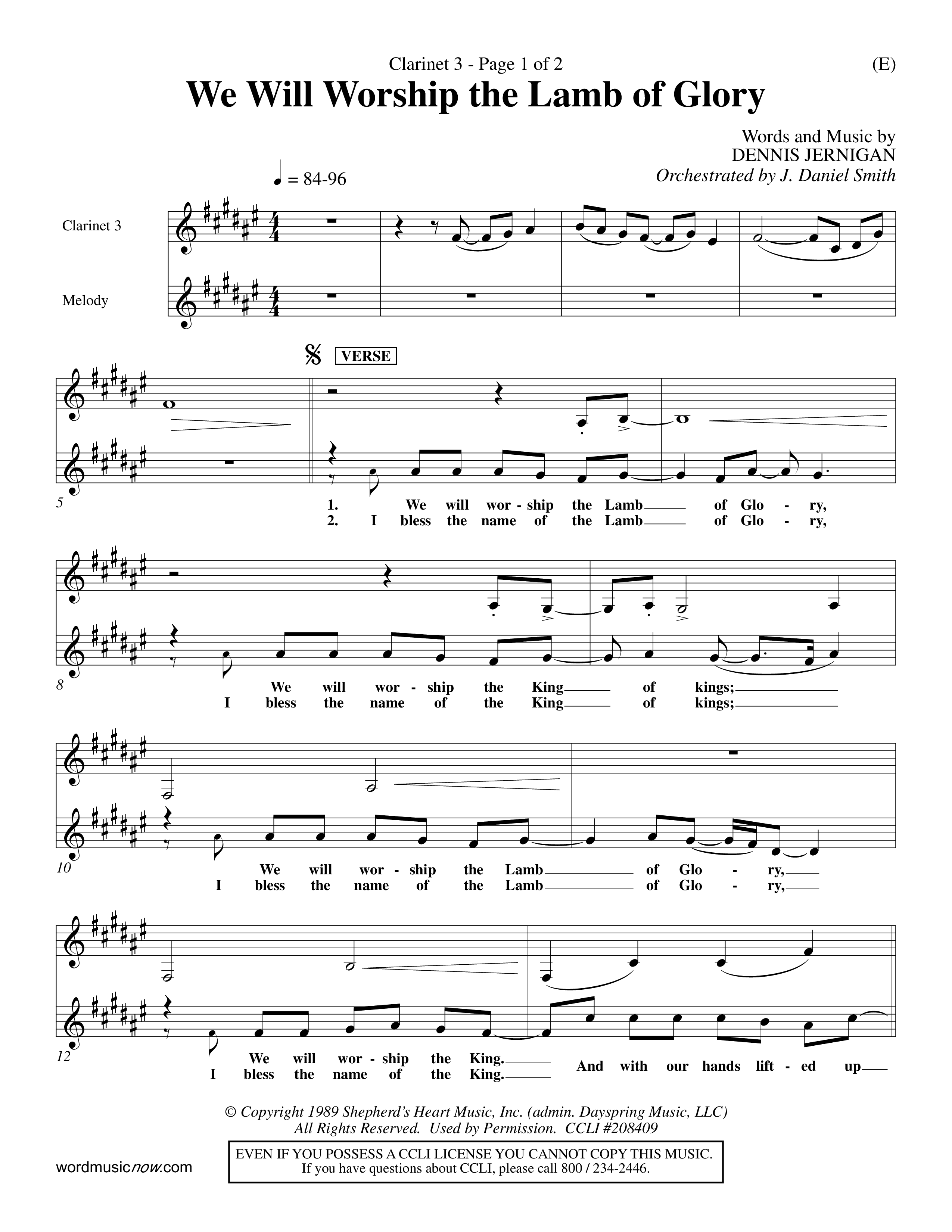 We Will Worship The Lamb of Glory (Choral Anthem SATB) Clarinet 3 (Word Music Choral / Orch. J. Daniel Smith)