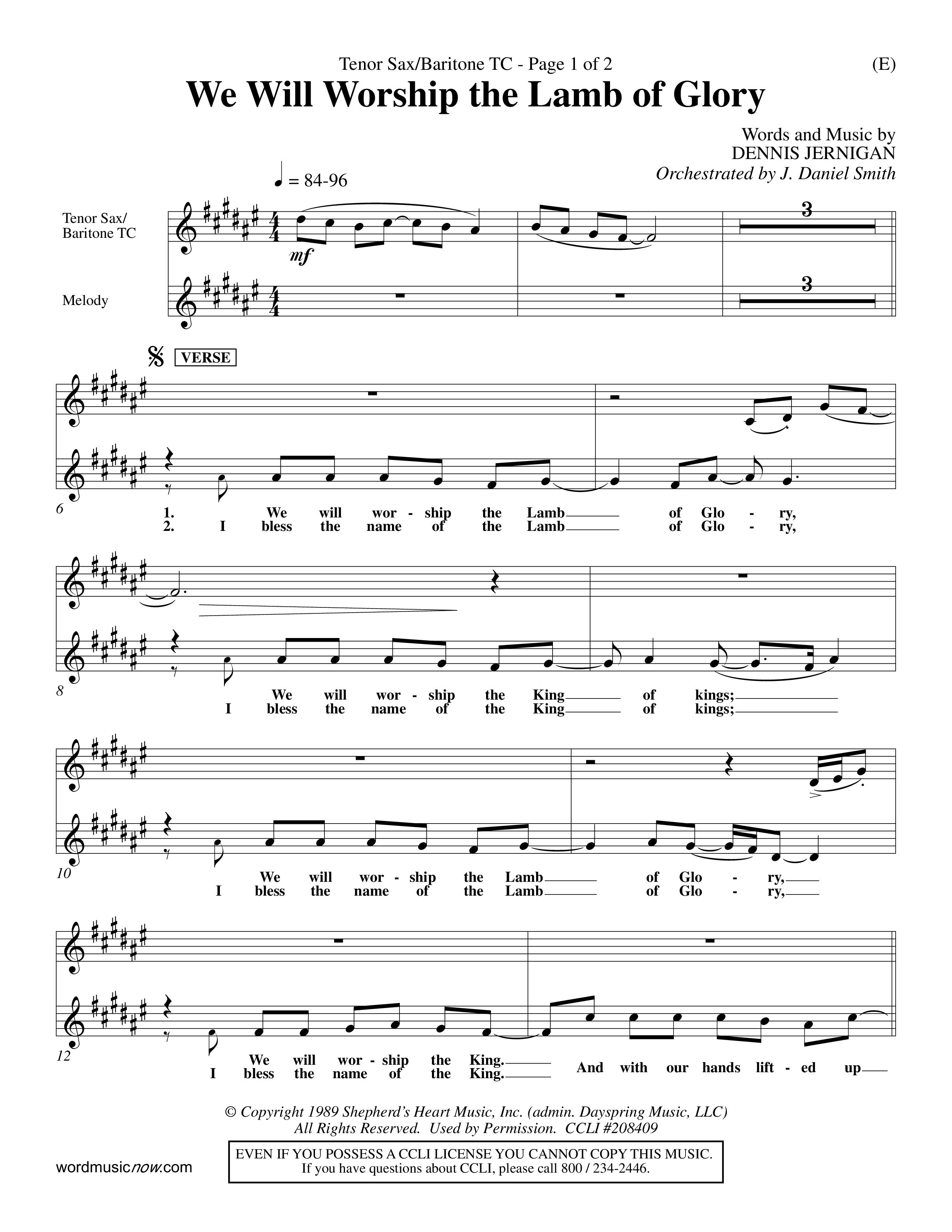 We Will Worship The Lamb of Glory (Choral Anthem SATB) Tenor Sax/Baritone T.C. (Word Music Choral / Orch. J. Daniel Smith)