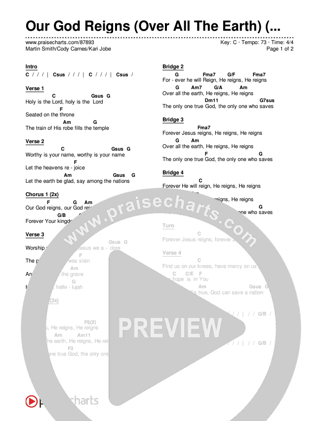 Our God Reigns (Over All The Earth) (Live) Chords & Lyrics (Martin Smith / Cody Carnes / Kari Jobe)