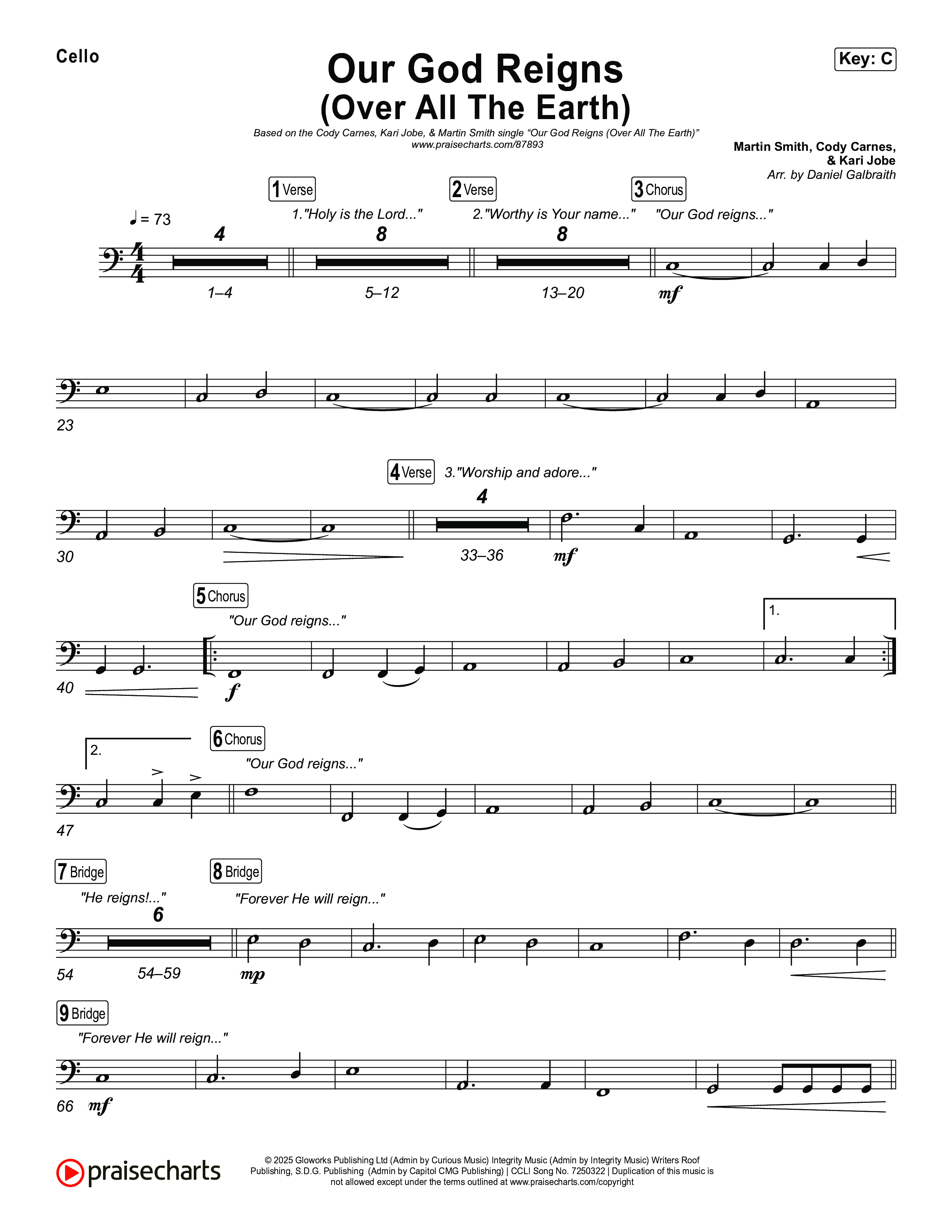 Our God Reigns (Over All The Earth) (Live) Cello (Martin Smith / Cody Carnes / Kari Jobe)