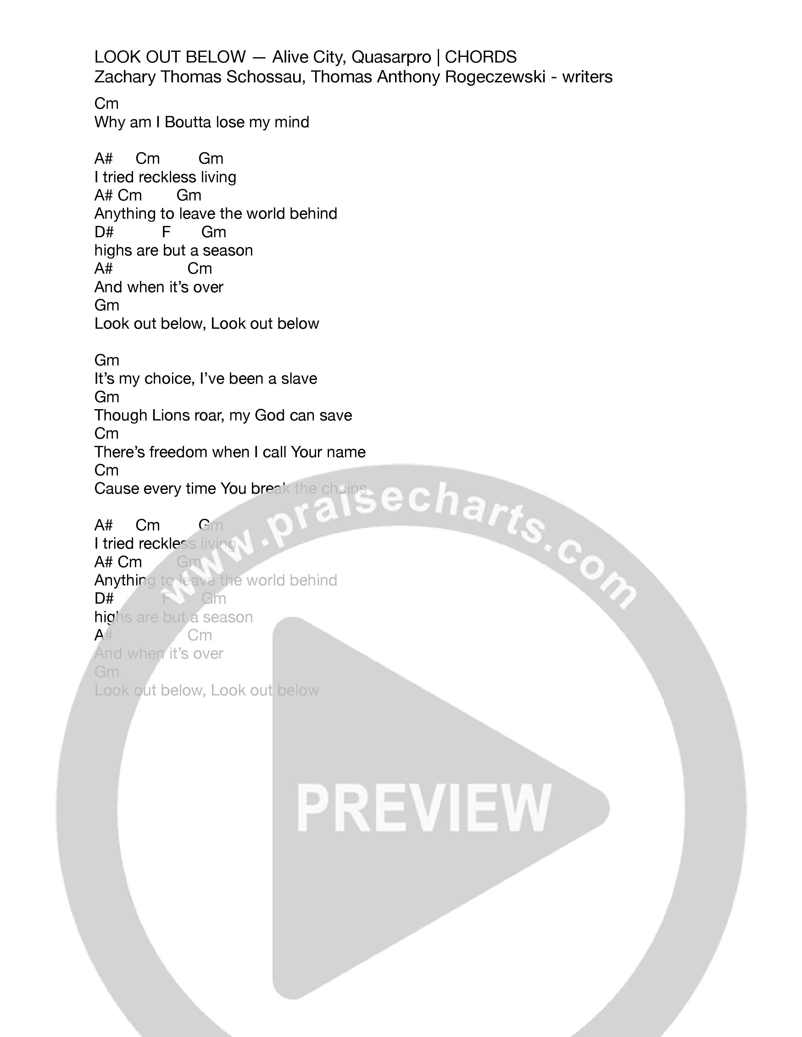 Look Out Below Chord Chart (Alive City / Quasarpro)